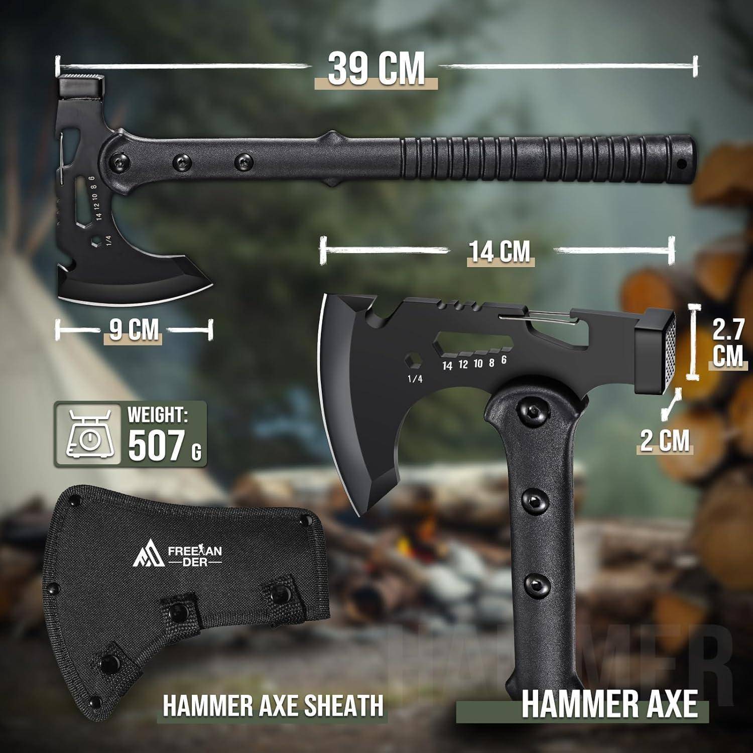 Das Bild zeigt eine schwarze Hammer-Axt mit folgenden Abmessungen: Gesamtlänge 39 cm, Klingenlänge 9 cm, Grifflänge 14 cm und Dicke 2,7 cm. Ihr Gewicht beträgt 507 g. Eine Scheide ist im Lieferumfang enthalten.