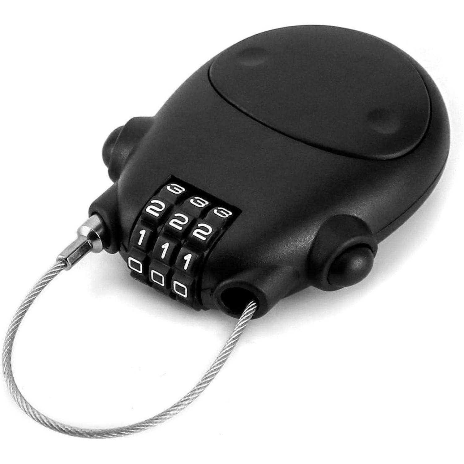 Ein kompakter schwarzer Zahlenschloss mit einziehbarem Kabel, dessen Zifferblatt auf '1-2-2' eingestellt ist. Entwickelt zur Sicherung von Gepäck oder Taschen.