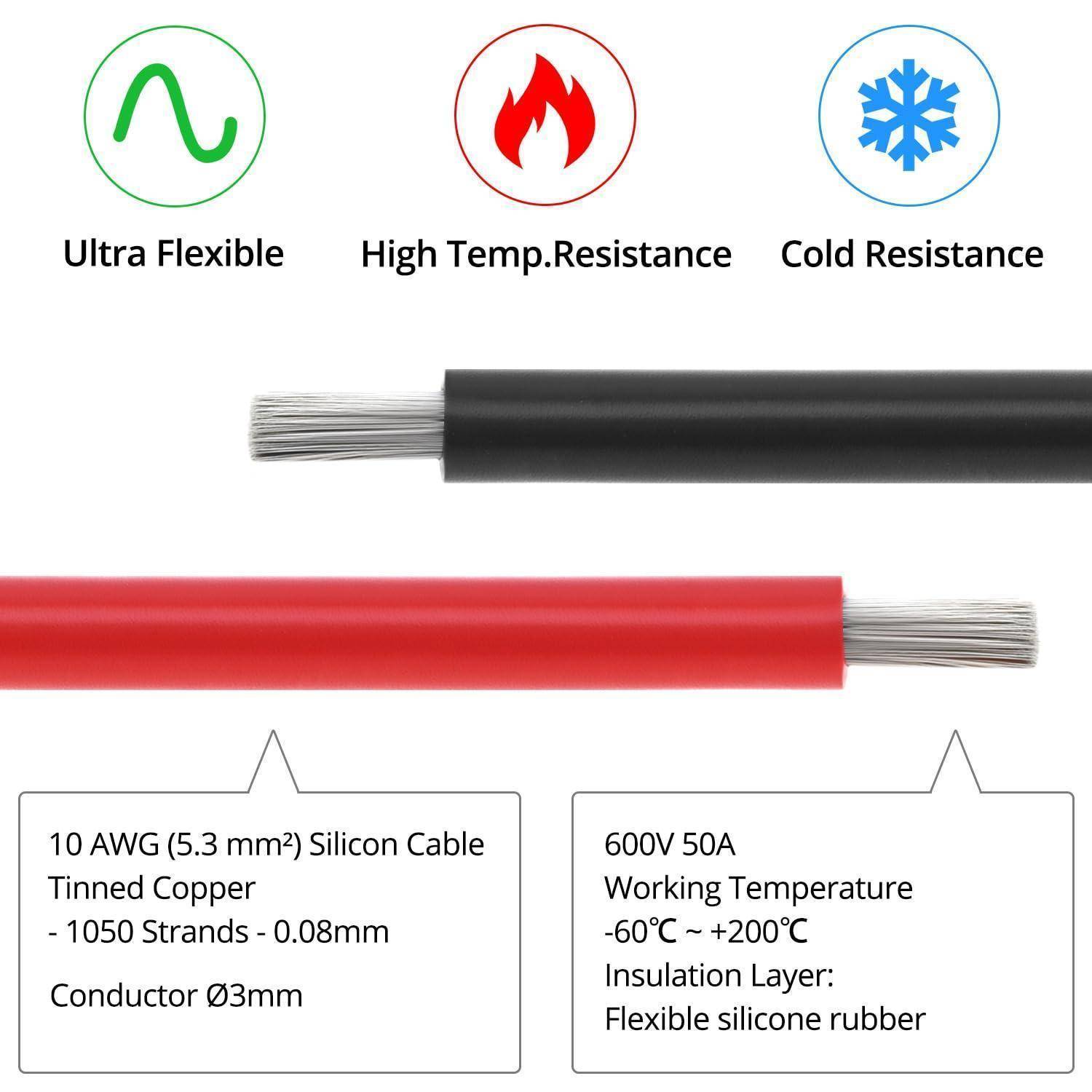 Zwei Kabel: ein rotes 10 AWG (5,3 mm²) Silikonkabel mit verzinntem Kupfer, 0,08 mm Einzellitzen, und ein schwarzes 600V 50A flexibles Silikonkautschuk-Kabel mit einem Temperaturbereich von -60°C bis +200°C.