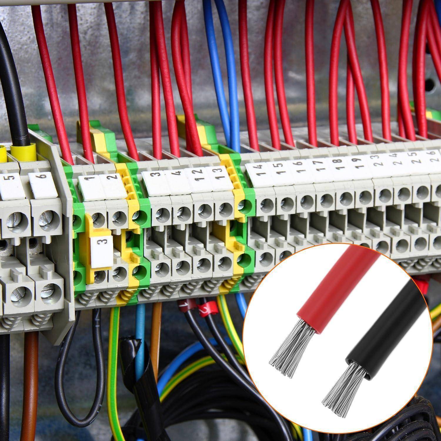 Elektrischer Anschlusskasten mit Reihen von mehrfarbigen Kabeln, die an Anschlussklemmen befestigt sind; Detailausschnitt zeigt Nahaufnahme der roten und schwarzen Aderstränge.