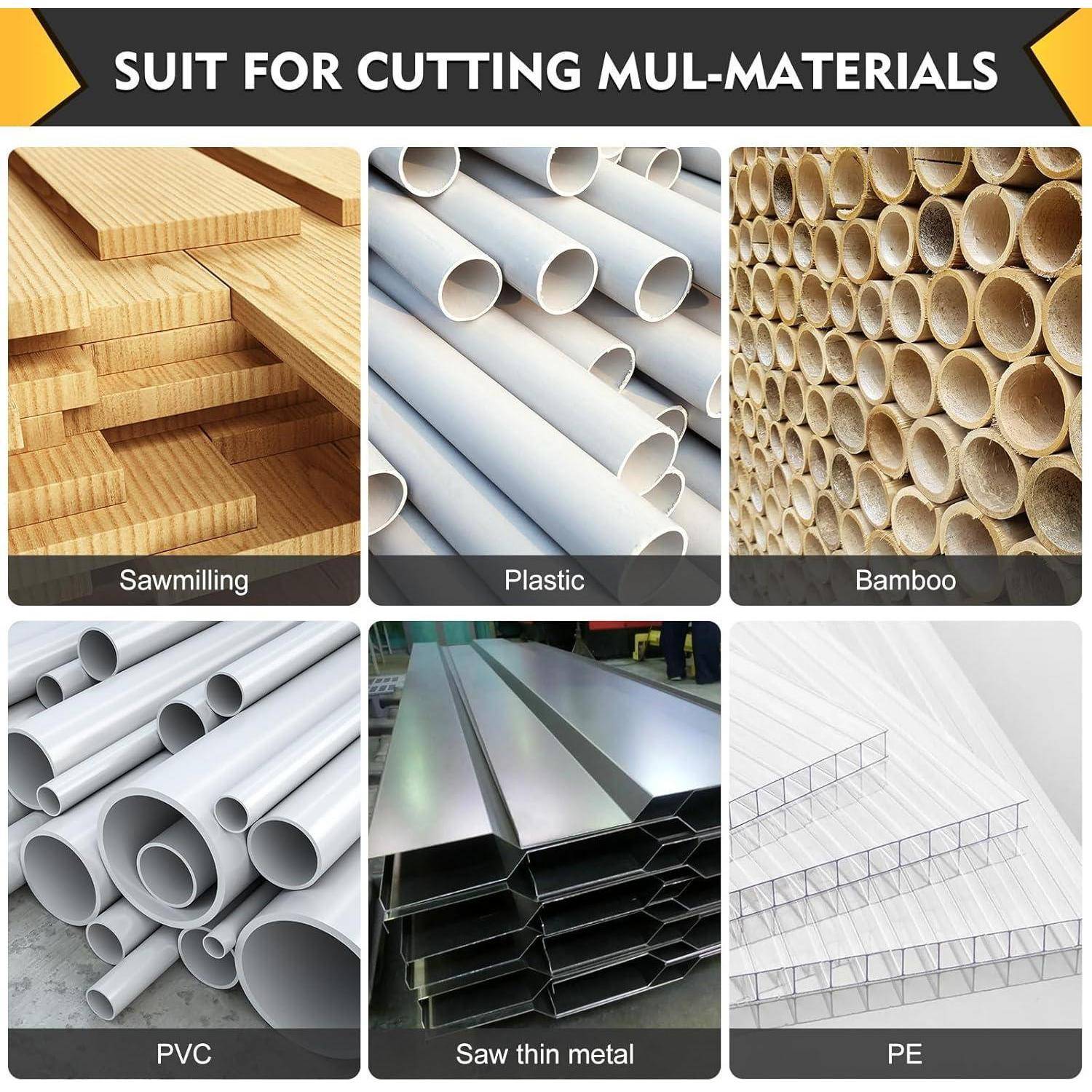 Sechs Materialien zum Schneiden: 'Sägewerk,' 'Kunststoff,' 'Bambus,' 'PVC,' 'Dünnes Metall sägen' und 'PE'. Jedes Material ist visuell dargestellt.