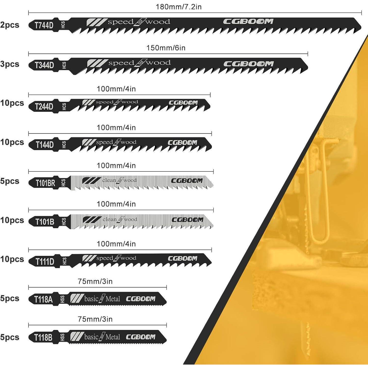 Sägeblätter in verschiedenen Größen und Typen zum Holz- und Metallschneiden. Umfasst T144D, T244D, T101B und T111C, mit Längen in mm/in.