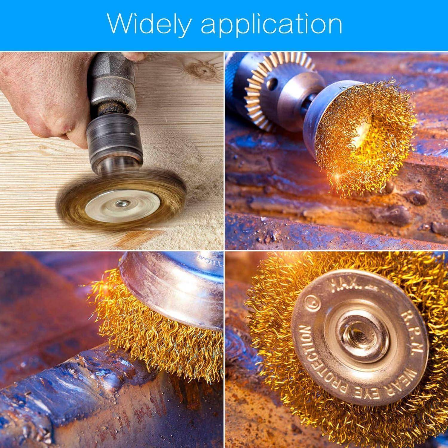 Weitverwendete Anwendung: Vier Bilder zeigen Drahtbürsten, die auf Holz- und Metalloberflächen zum Schleifen und Rostentfernen verwendet werden.