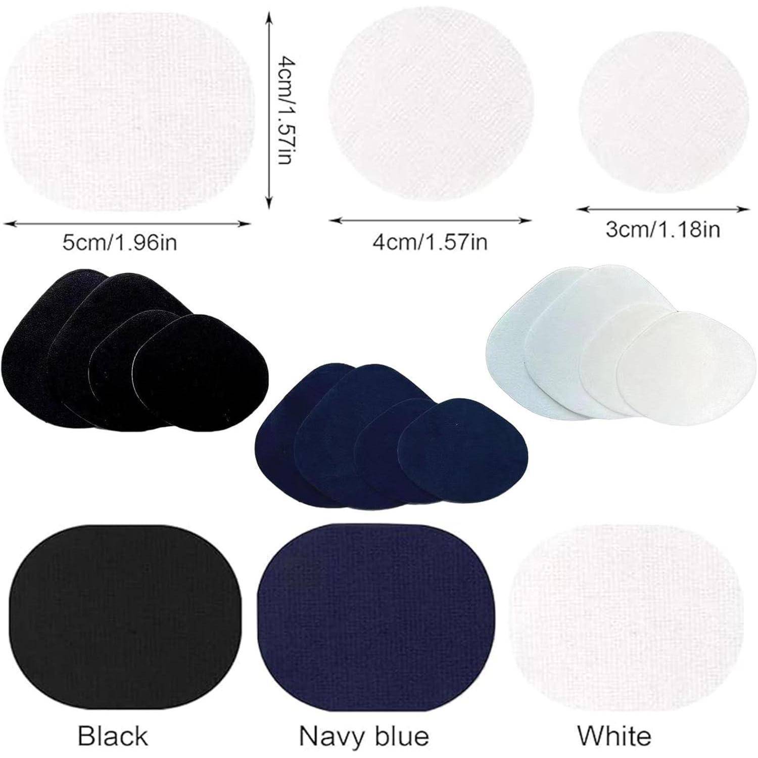 Set von Baumwollflicken in verschiedenen Größen: 5 cm, 4 cm, 3 cm. Erhältlich in Schwarz, Marineblau und Weiß. Ideal zur Kleiderreparatur.