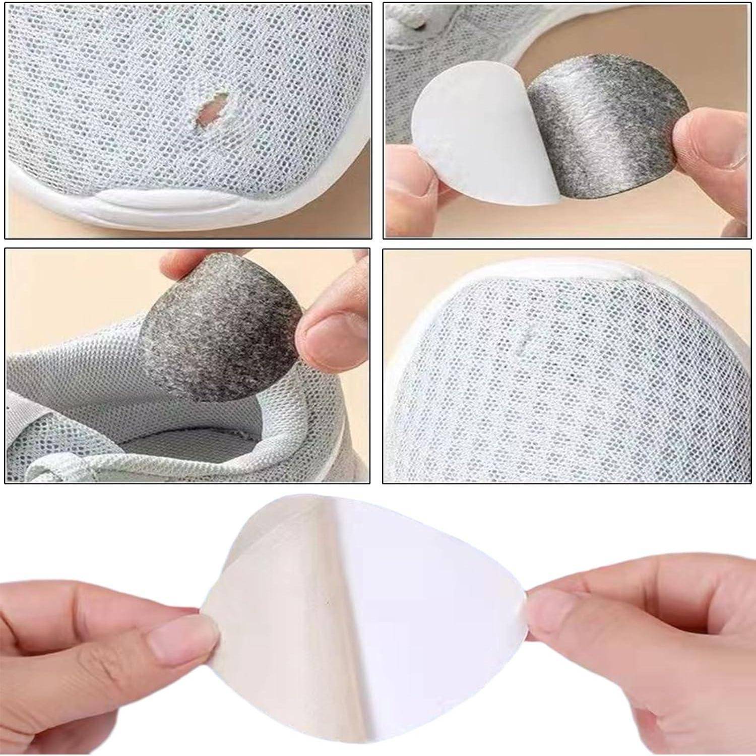 Reparatur von Schuhen Schritt für Schritt mit Klebeflicken: 1) Grauen Flicken auf abgenutzte Stelle im Schuh auftragen; 2) Fest andrücken für eine glatte Oberfläche.