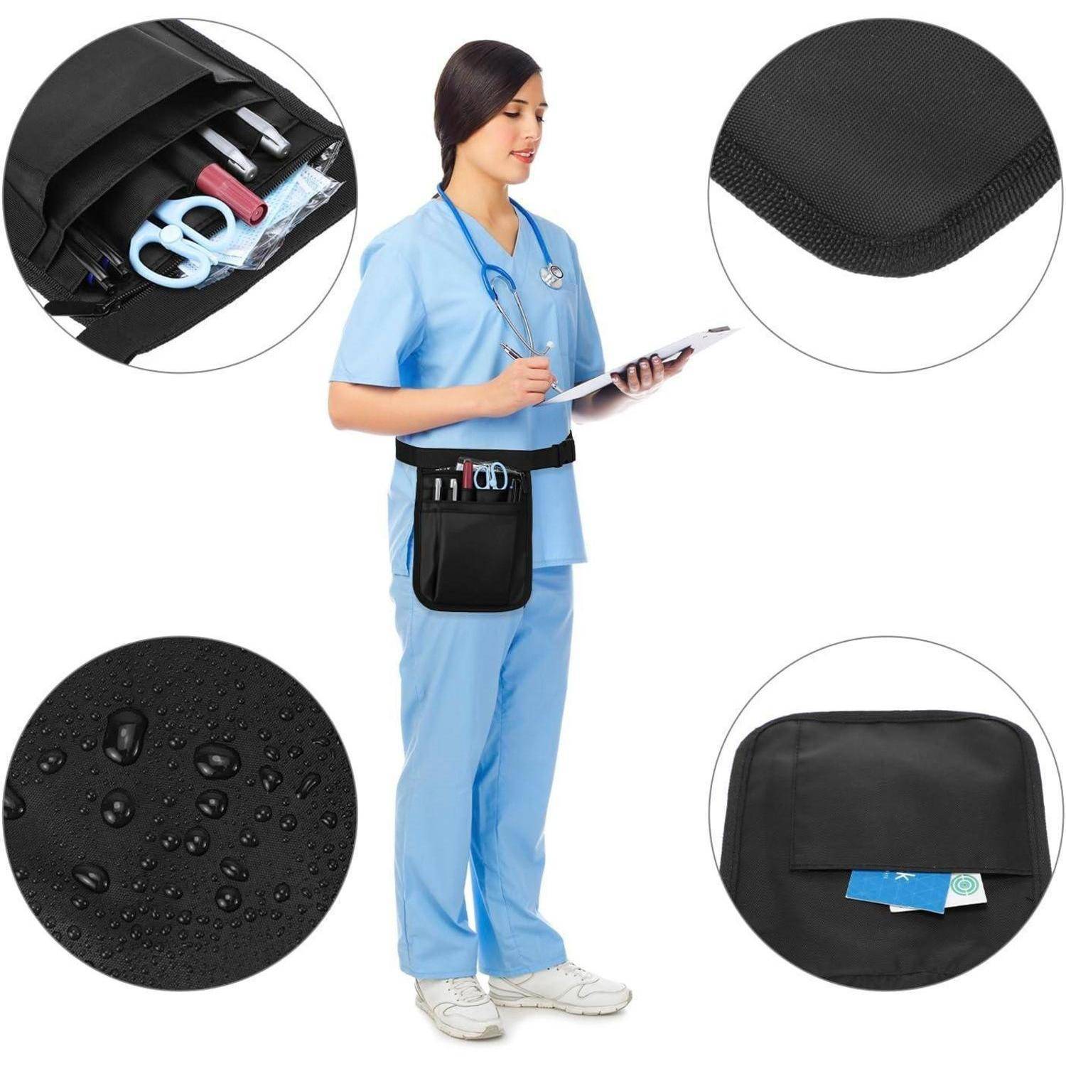 Ein Gesundheitsfachkraft in blauen Krankenhauskleidung, einen Klemmbrett haltend, trägt eine schwarze Organizer-Tasche, die medizinische Instrumente und eine Wasserresistenz-Eigenschaft zeigt.
