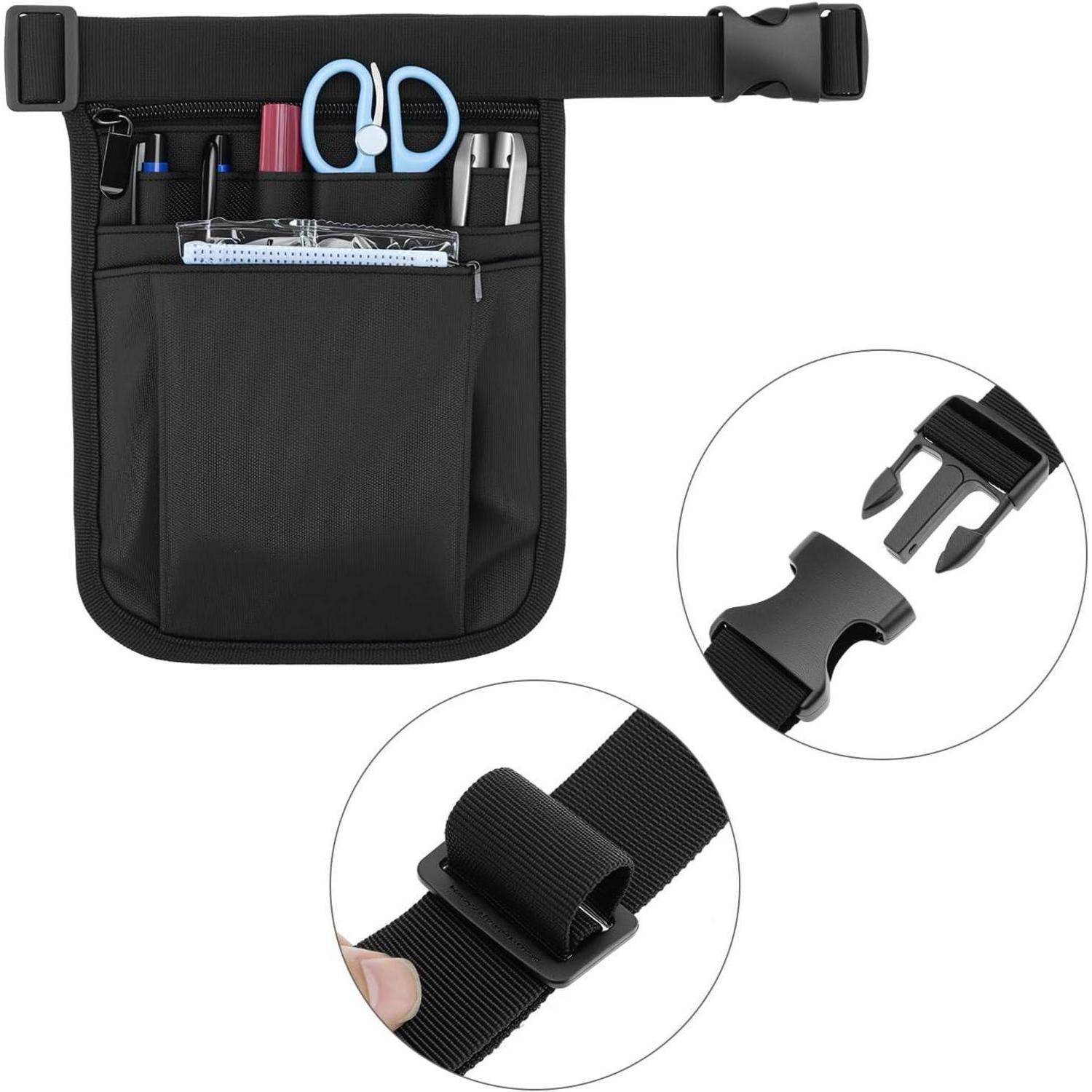 Eine schwarze Hüfttasche mit mehreren Fächern enthält Scheren, Stifte und eine Netztasche. Sie verfügt über einen Schnallengurt und ein verstellbares Band.