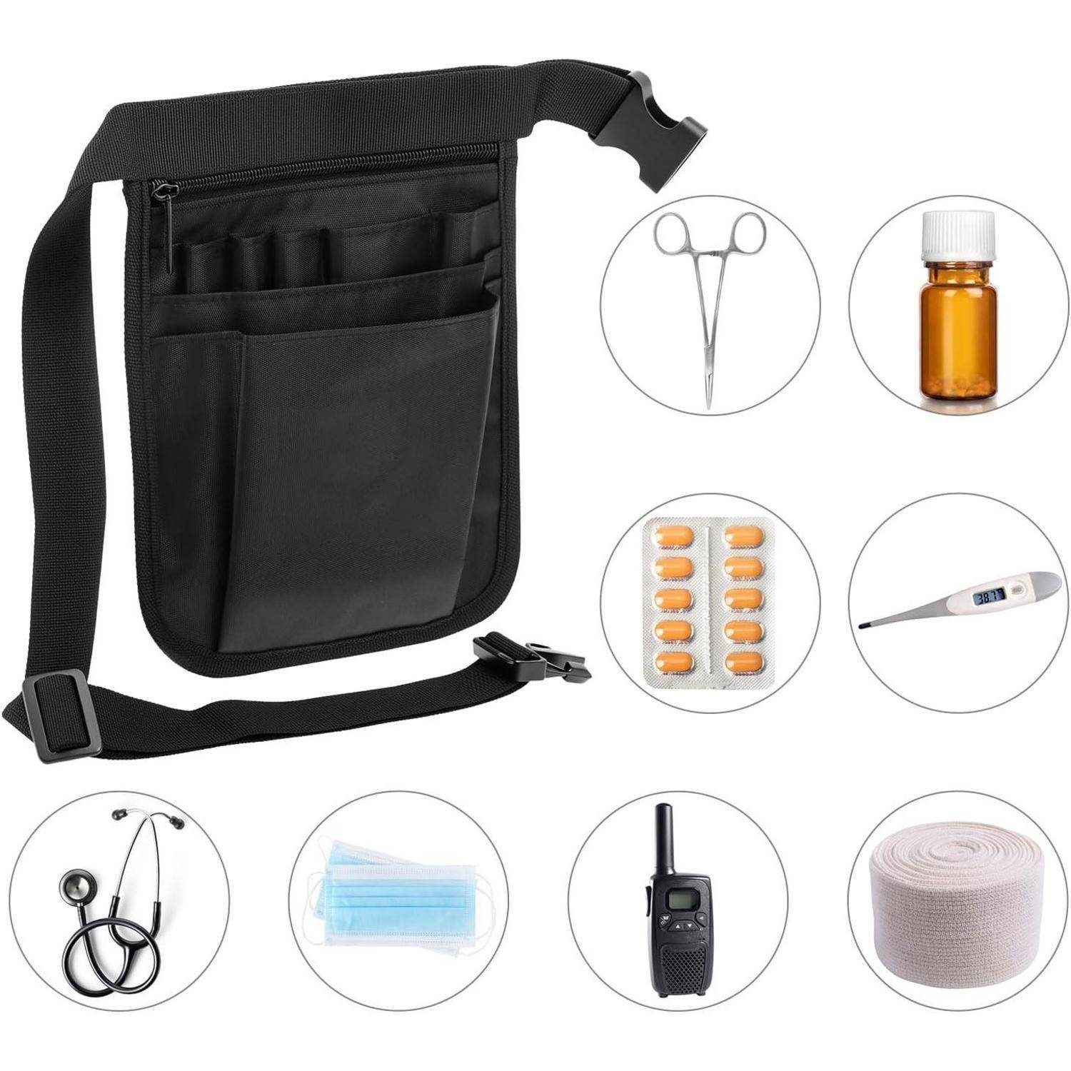 Ein schwarzer medizinischer Umhängebeutel mit verschiedenen medizinischen Utensilien: Schere, Flasche, Pillen, Thermometer, Stethoskop, Maske, Radio und Verband.