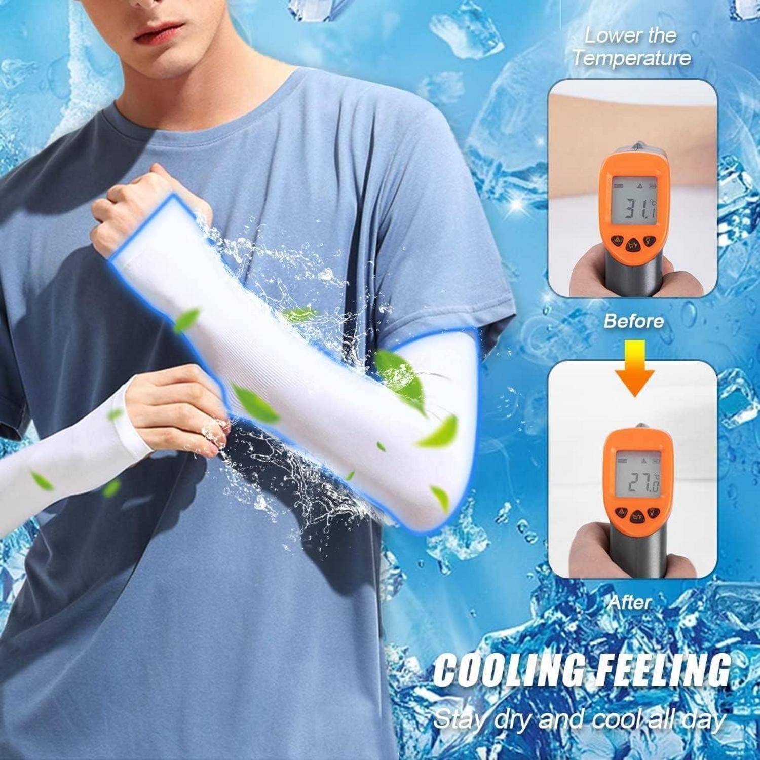 Eine Person trägt ein blaues Hemd und verwendet einen weißen Ärmel zum Abkühlen. Ein Thermometer zeigt '31,0°C' vor und '27,0°C' nach dem Anlegen des Ärmels.