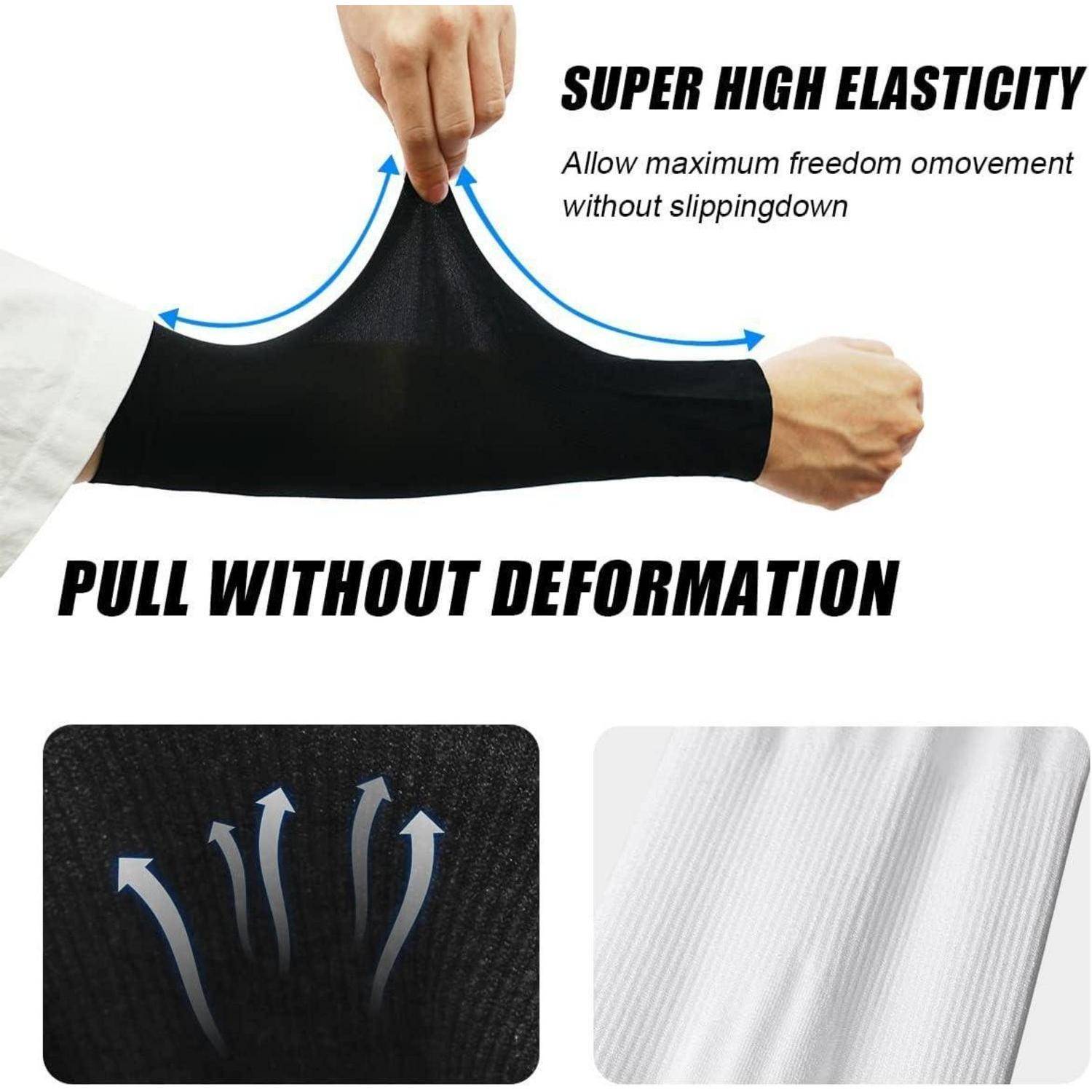 Eine Hand streckt einen schwarzen elastischen Ärmel. Der Text liest sich „Extrem hohe Elastizität