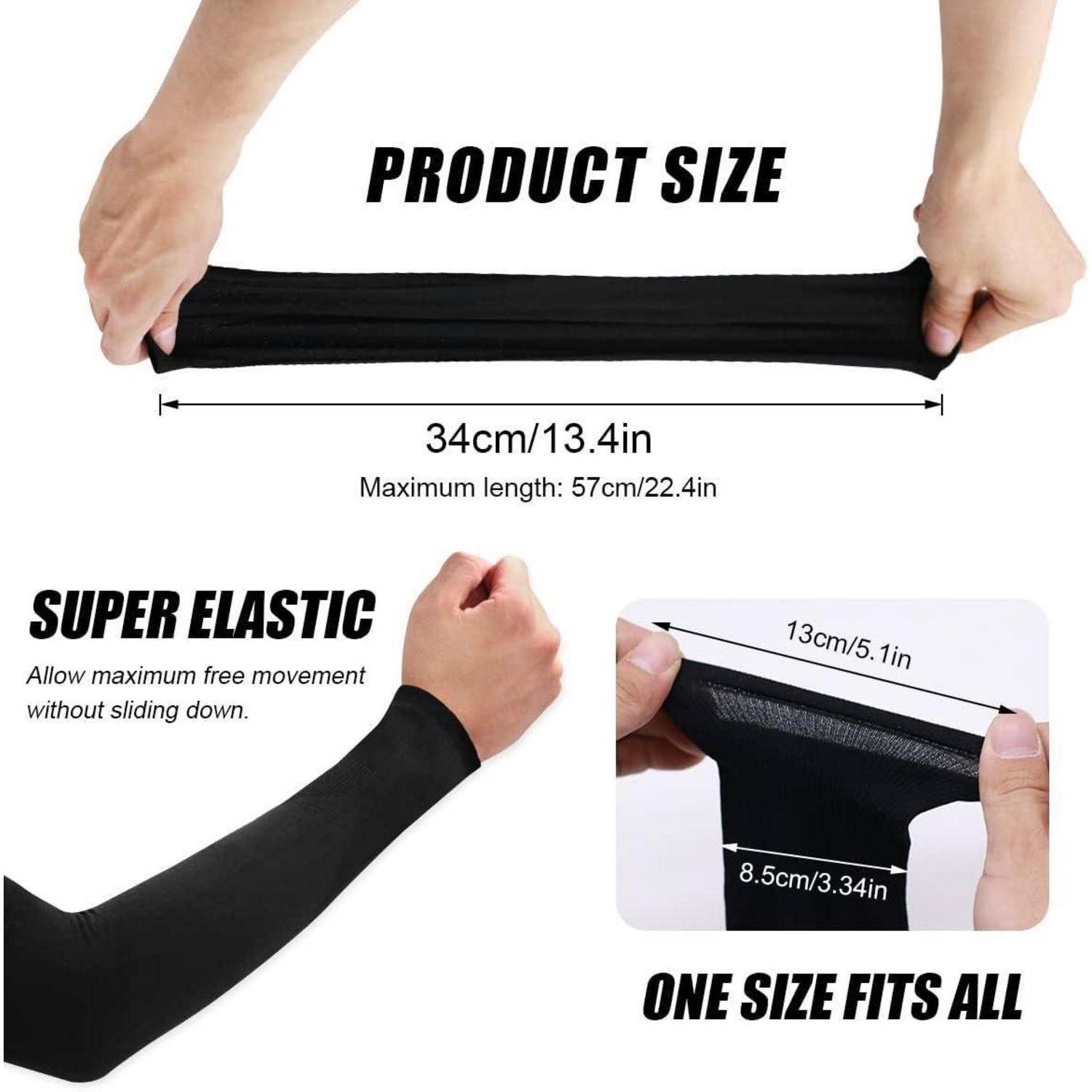 Produktgröße: 34cm/13,4in, Maximale Länge: 57cm/22,4in. Bild zeigt einen dehnbaren schwarzen Armling, der die super Elastizität veranschaulicht. 'Einheitsgröße passt für alle.