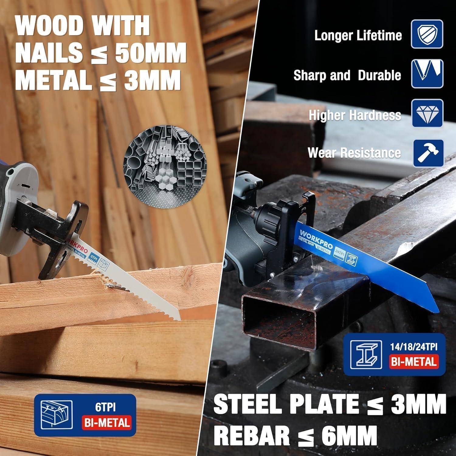 WORKPRO' Bi-Metallsägeblatt gezeigt beim Schneiden von Holz und Metall. 'HOLZ ≤ 50MM, METALL ≤ 3MM' und 'STAHLPLATTE ≤ 3MM, BEWEHRUNGSSTAB ≤ 6MM'. Eigenschaften: längere Lebensdauer, scharf, langlebig.
