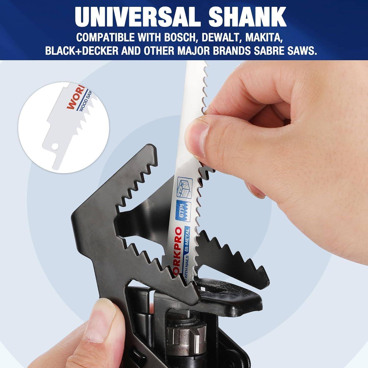 Eine Hand schiebt ein WORKPRO Sägeblatt in einen Säbelsägenhalter. Text oben besagt: „Universeller Schaft kompatibel mit Bosch, DeWalt, Makita.
