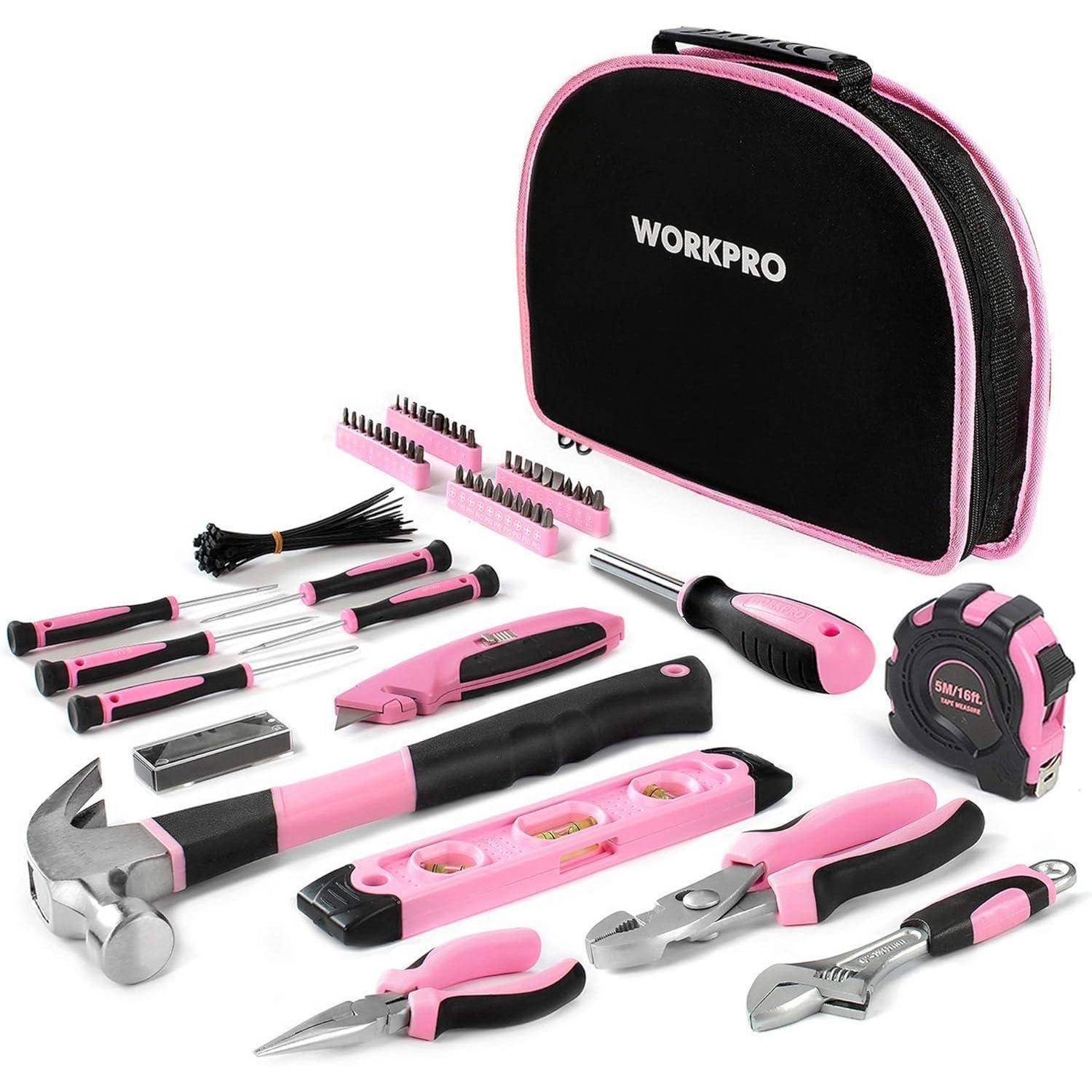 Ein rosa-schwarzes Werkzeugset mit verschiedenen Handwerkzeugen und einem Transportkoffer mit der Aufschrift 