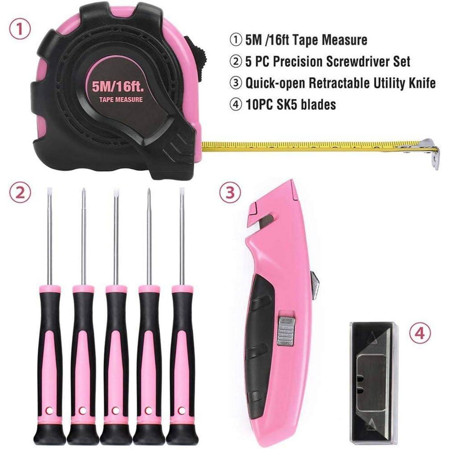 Ein rosa 5M Maßband, ein Set aus fünf Präzisionsschraubenziehern mit rosa Griffen, ein rosa Universalmesser mit einziehbarer Klinge und 10 SK5-Klingen.