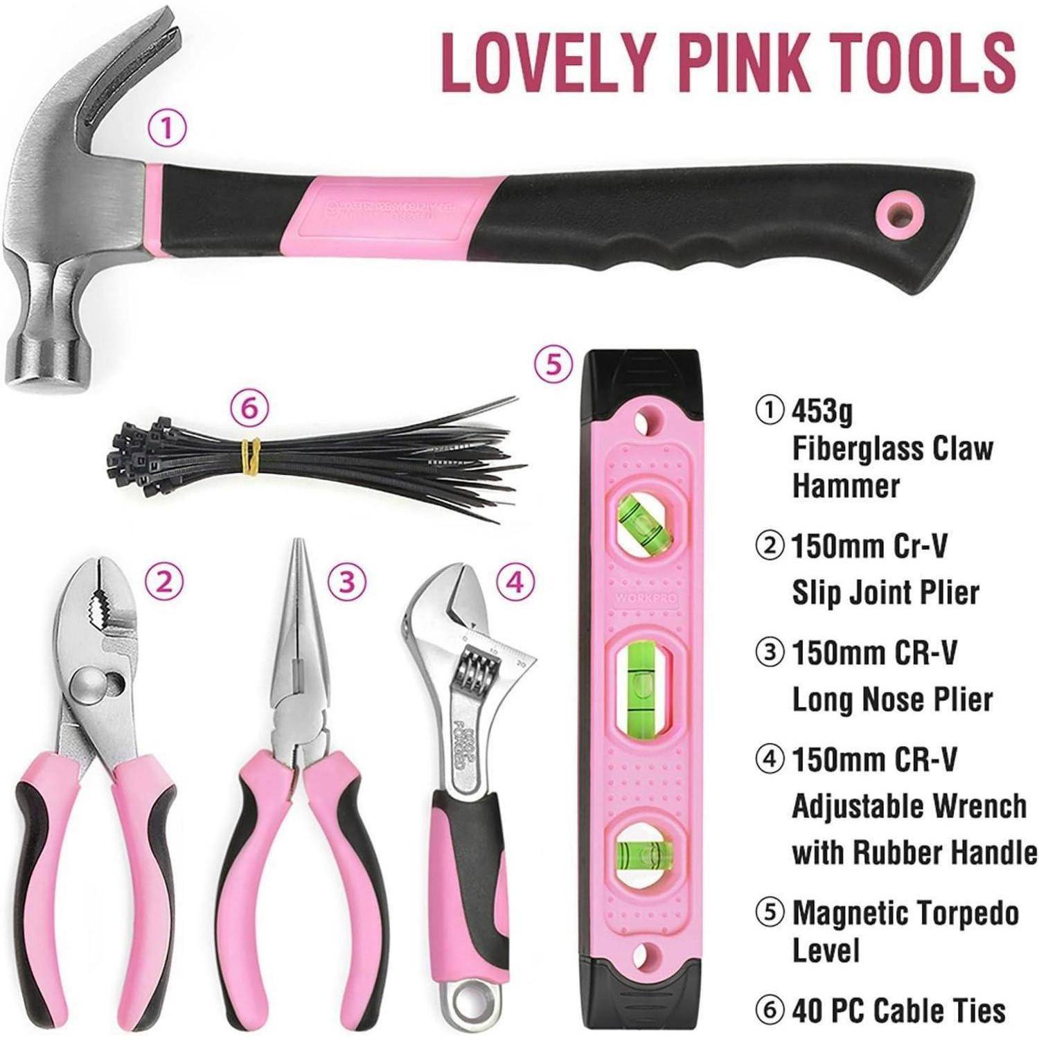 Der 'Lovely Pink Tools' Satz enthält einen Hammer, Wasserpumpenzange, Langspitzzange, verstellbaren Schraubenschlüssel, magnetische Wasserwaage und Kabelbinder.