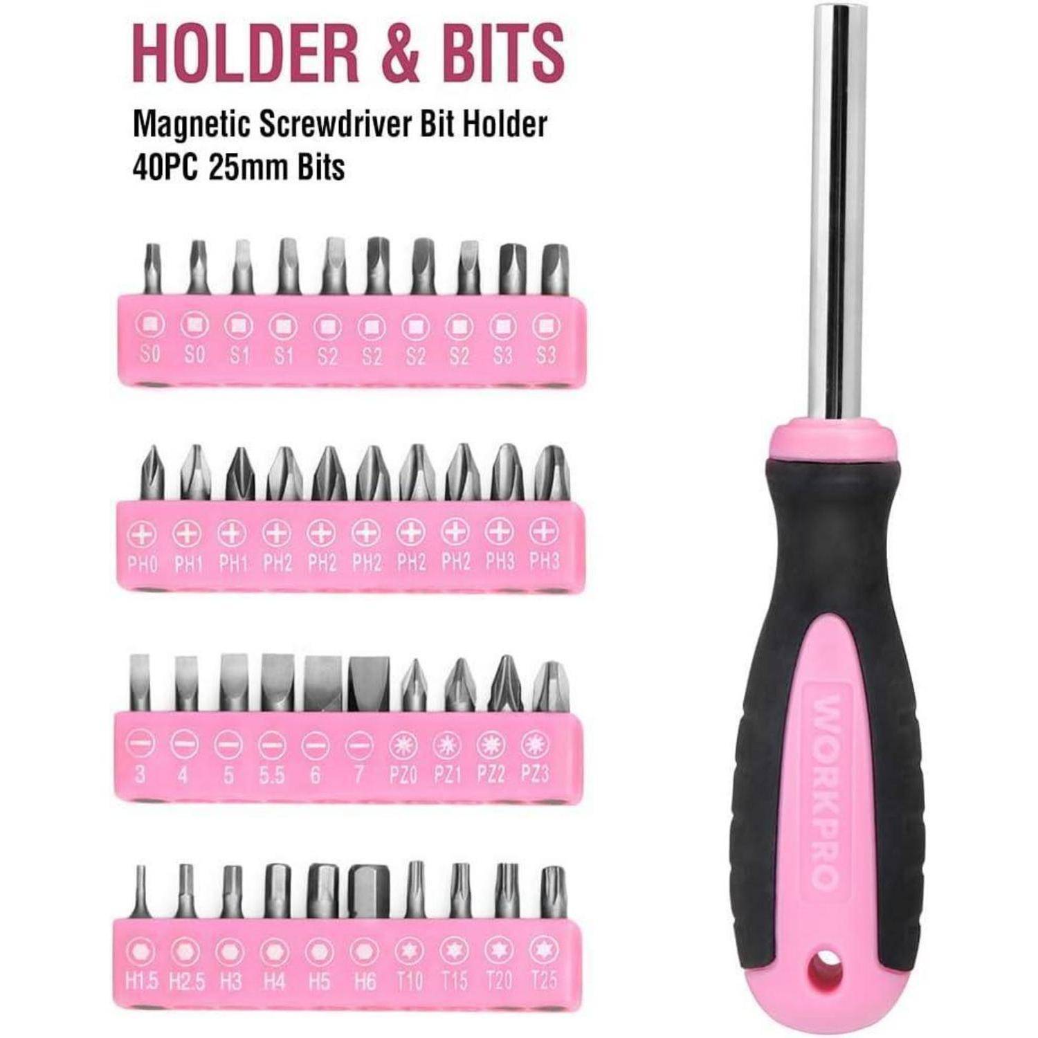 Ein Schraubendreher-Set mit einem schwarzen und pinken Griff und vier Reihen verschiedener magnetischer Bits, beschriftet mit Größen von 4.0 bis T25.