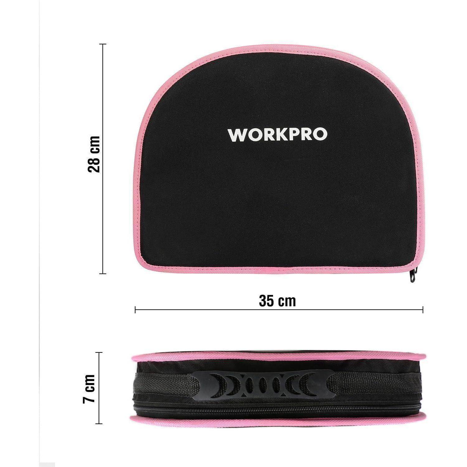 Eine schwarze und pinke Reißverschlusstasche mit 'WORKPRO'-Schriftzug, 28 cm hoch, 35 cm breit und 7 cm tief, von Vorder- und Seitenansicht gezeigt.