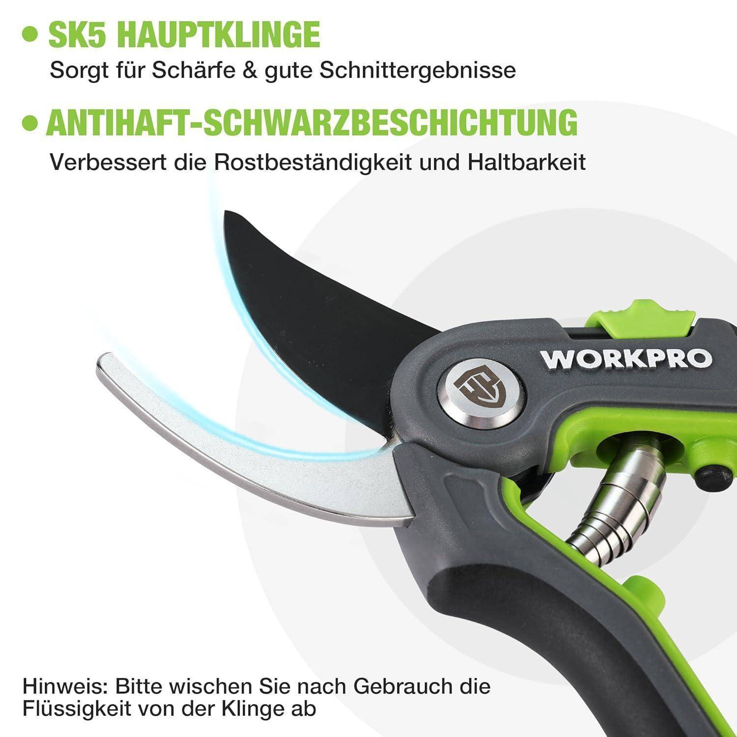 Bild eines WORKPRO-Cutters mit einziehbarer Klinge. Zu den genannten Merkmalen gehören verbesserte Schärfe und Haltbarkeit. Die Anweisungen empfehlen, die Klinge nach der Verwendung zu reinigen.