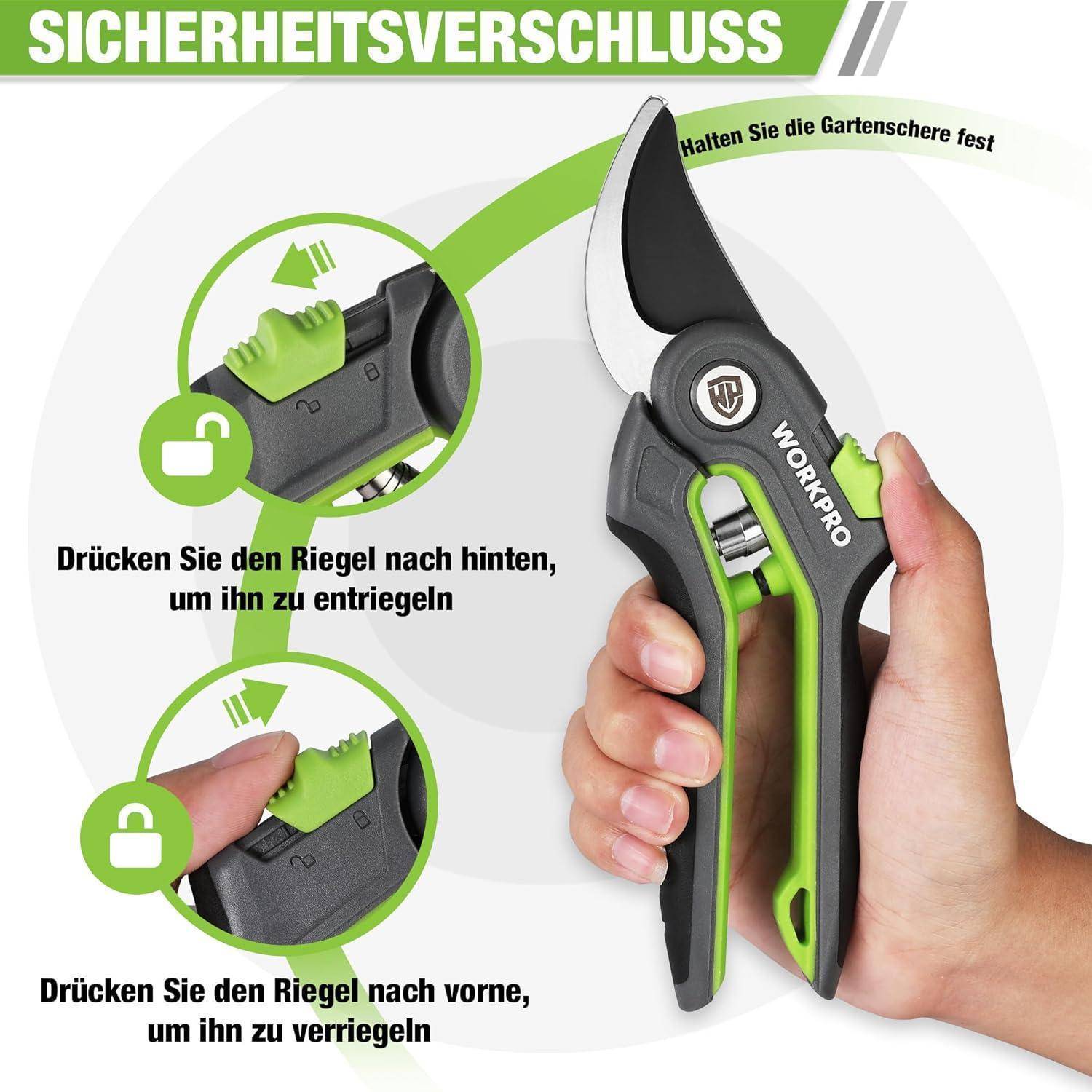 WORKPRO' Gartenschere mit Arretierungsfunktion. Anleitung: Schieben Sie die Sperre nach hinten zum Öffnen, nach vorne zum Schließen. Benutzer hält die Schere.