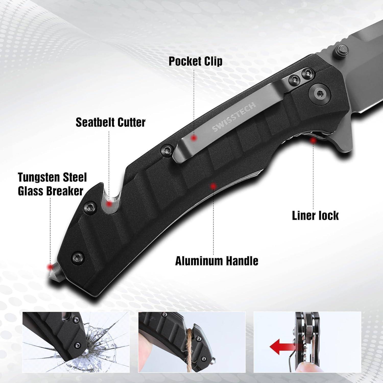 Ein Multitool-Taktisches Messer mit einem Aluminiumgriff, Wolframstahl-Glasbrecher, Gurtschneider, Innenverriegelung und Taschenklemme.