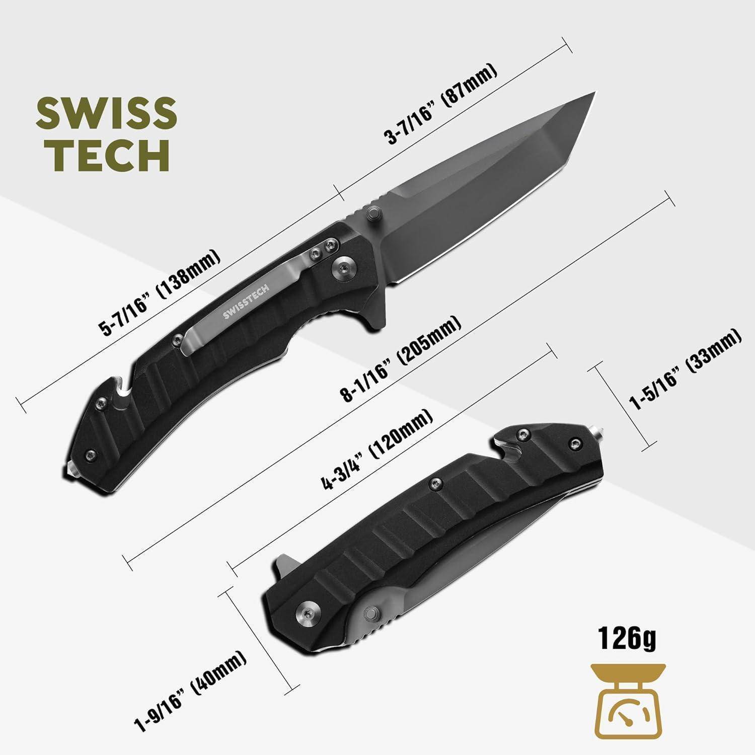 Klappmesser mit Klinge und Griffabmessungen in Zoll beschriftet. Marke 'Swiss Tech' ist sichtbar. Gewicht beträgt 126g.