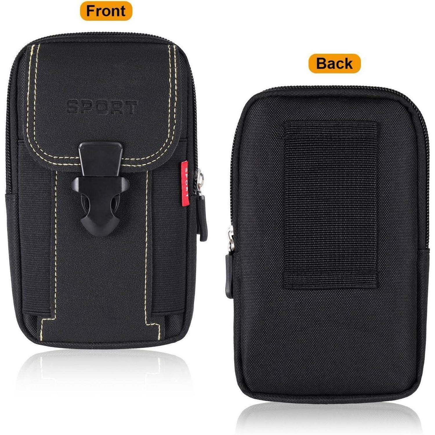 Schwarze Sport-Gürteltasche mit Frontverschluss und Ziernähten; die Rückansicht zeigt einen sicheren Riemen und einen Reißverschluss.