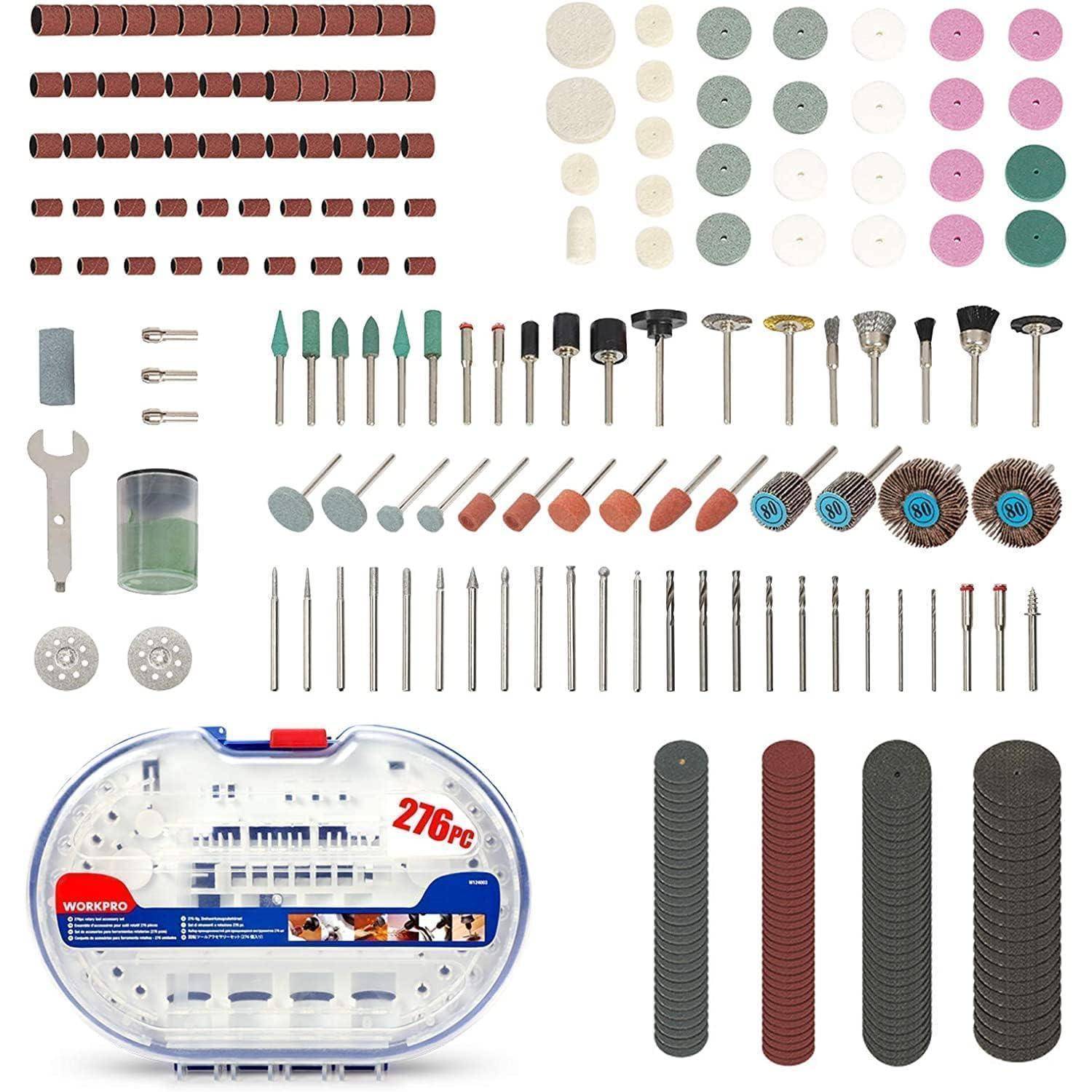 Ein 276-teiliges Rotationswerkzeug-Zubehör-Set ausgestellt, einschließlich Schleifscheiben, Polierpads, Schleifsteinen, Bohrern und einem Aufbewahrungskoffer.