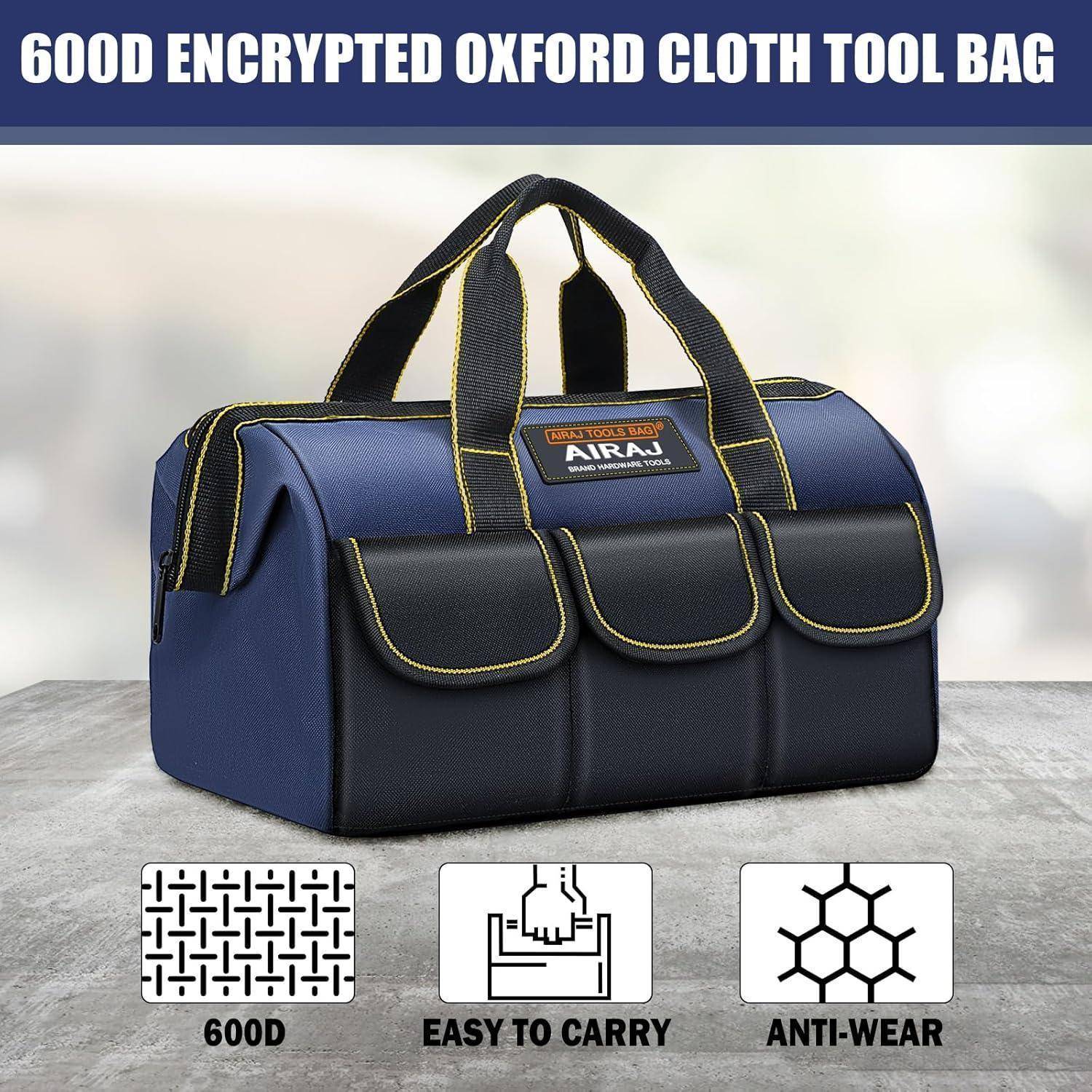 Blaue Oxford-Stoff-Werkzeugtasche mit schwarzer und gelber Einfassung, ausgestattet mit drei vorderen Taschen. Inklusive Symbole für '600D', 'Leicht zu tragen' und 'Verschleißfest'.
