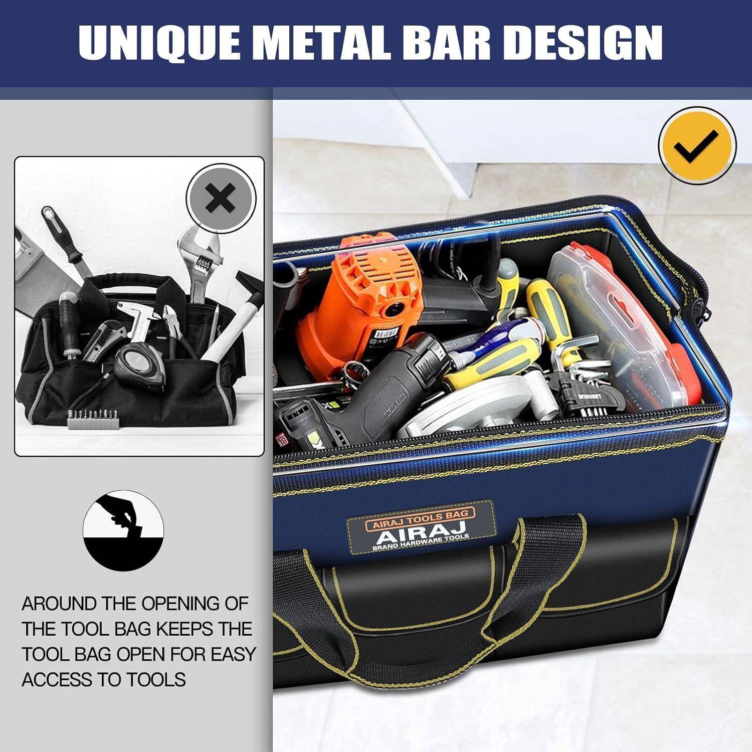 Design einer einzigartigen Metallstange' oben. Bild zeigt eine Werkzeugtasche voller Werkzeuge. Ein kleines Einsatzbild mit einem 'X' zeigt eine Werkzeugtasche mit herausfallenden Werkzeugen. Text lautet: 'Rund um die Öffnung der Werkzeugtasche hält die Werkzeugtasche offen für einfachen Zugriff auf Werkzeuge.