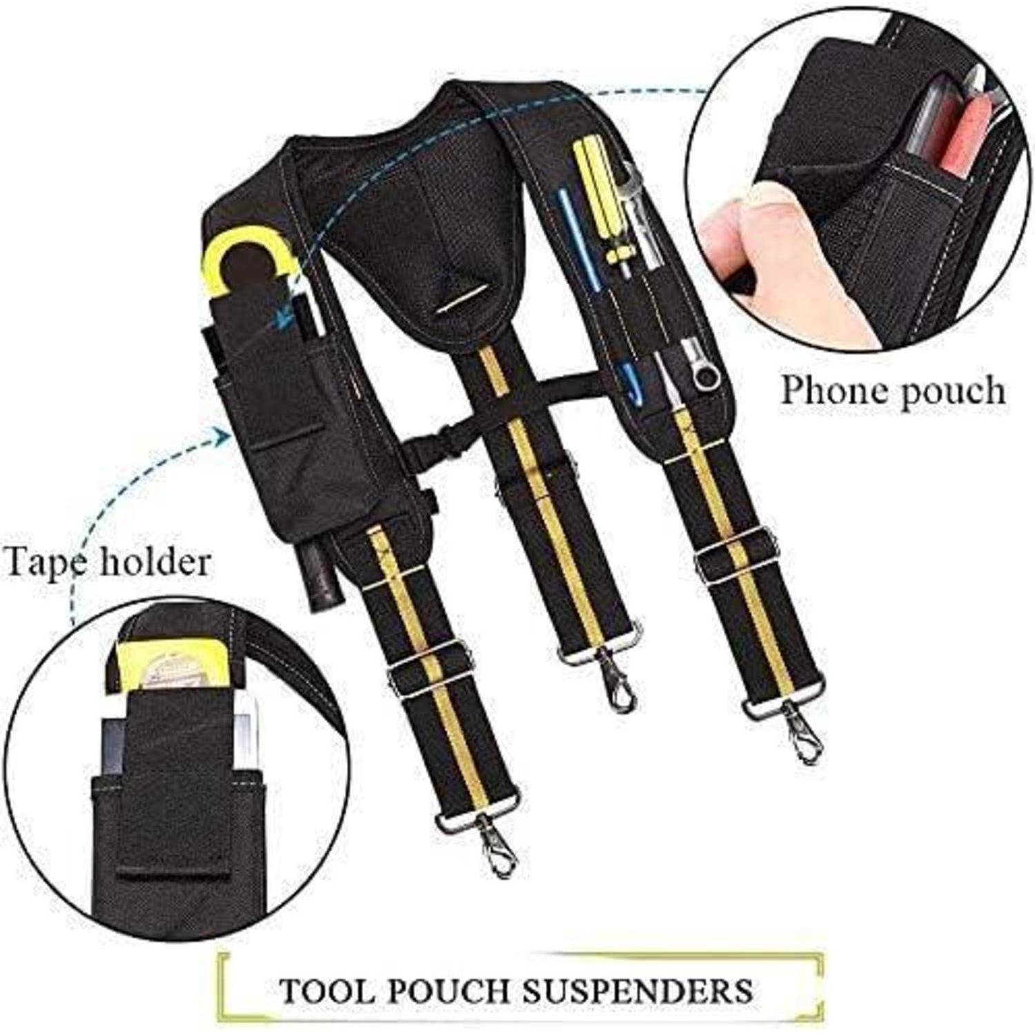 Werkzeugtasche mit Trägern, Bandhalterung, Handytasche und Schlaufen für Stifte und Werkzeuge. Entwickelt für einfachen Zugang und optimale Organisation.