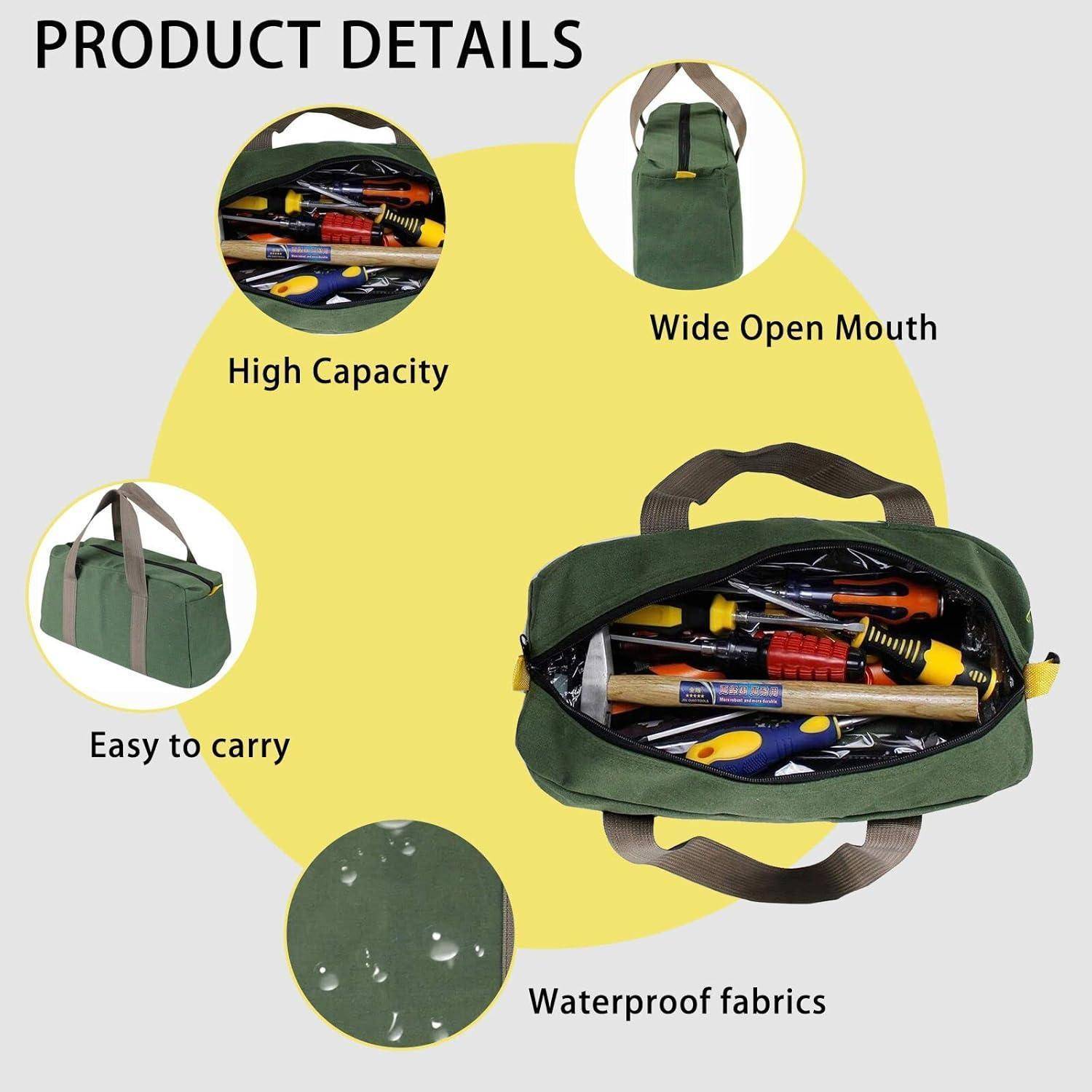 Produktdetails: Bild einer grünen Tasche mit hervorgehobenen Merkmalen: hohe Kapazität, weit öffenbarer Eingang, einfach zu tragen, wasserdichte Stoffe; dargestellt mit Werkzeugen.