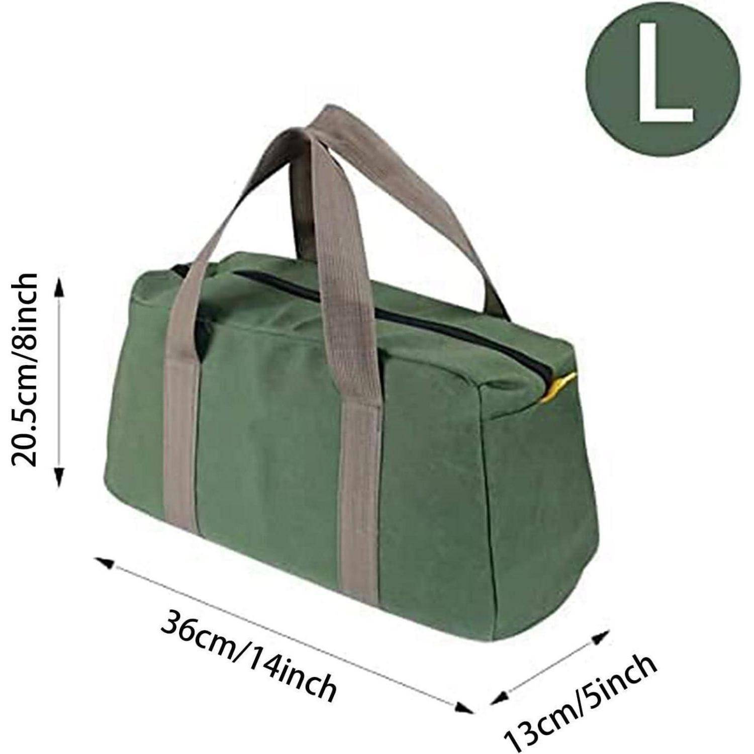 Grüne Reisetasche mit braunen Griffen. Abmessungen: 36cm/14 Zoll Länge, 13cm/5 Zoll Breite, 20,5cm/8 Zoll Höhe. Größe mit 'L' gekennzeichnet.