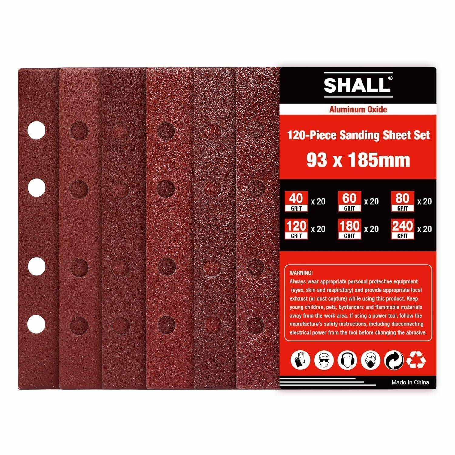 SHALL 120-teiliges Schleifblatt-Set, Aluminiumoxid, 93 x 185 mm mit verschiedenen Körnungen: 40, 60, 80, 120, 180, 240. Zum Schleifen verwenden.
