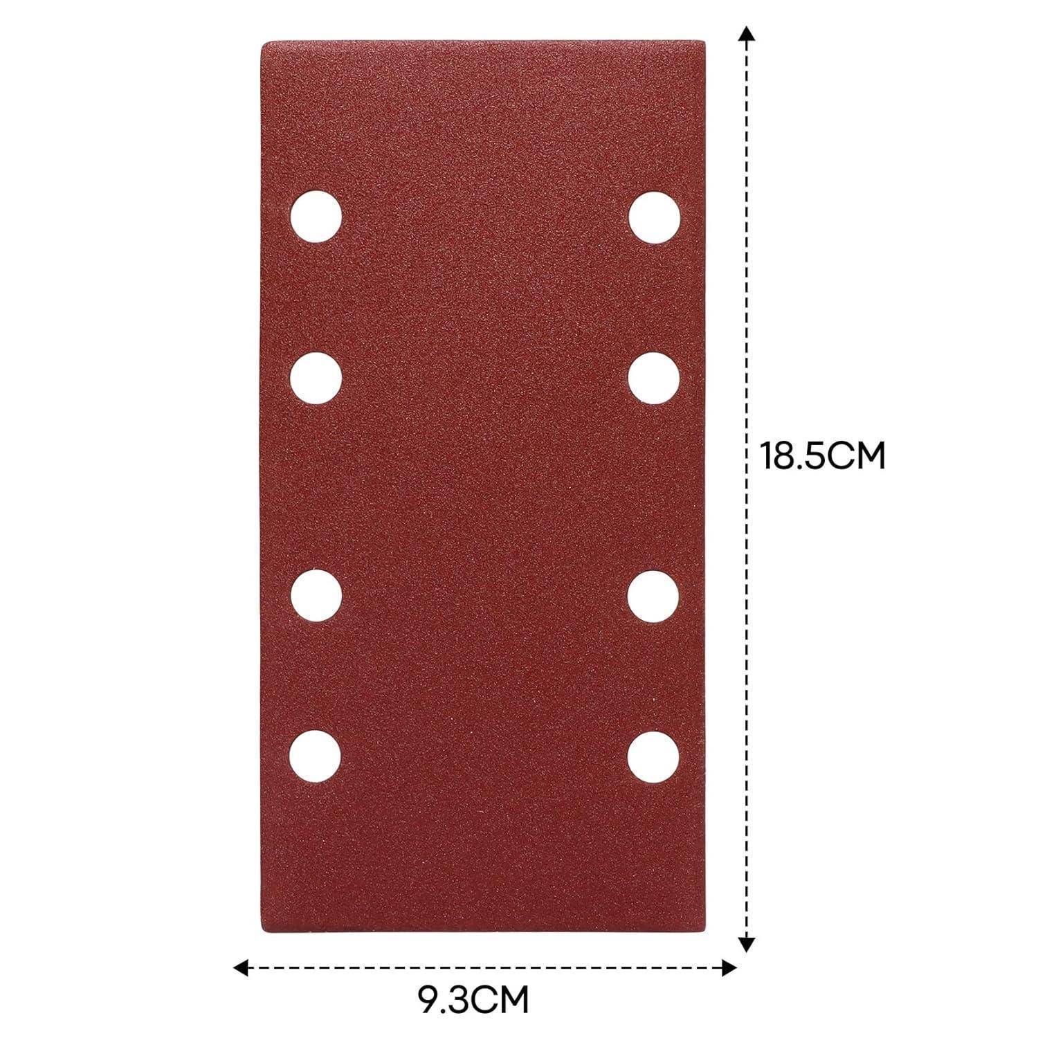 Ein rechteckiges rotes Schleifblatt mit sechs gleichmäßig verteilten kreisrunden Löchern. Die Abmessungen betragen 18,5 cm x 9,3 cm, dargestellt mit Pfeilen.