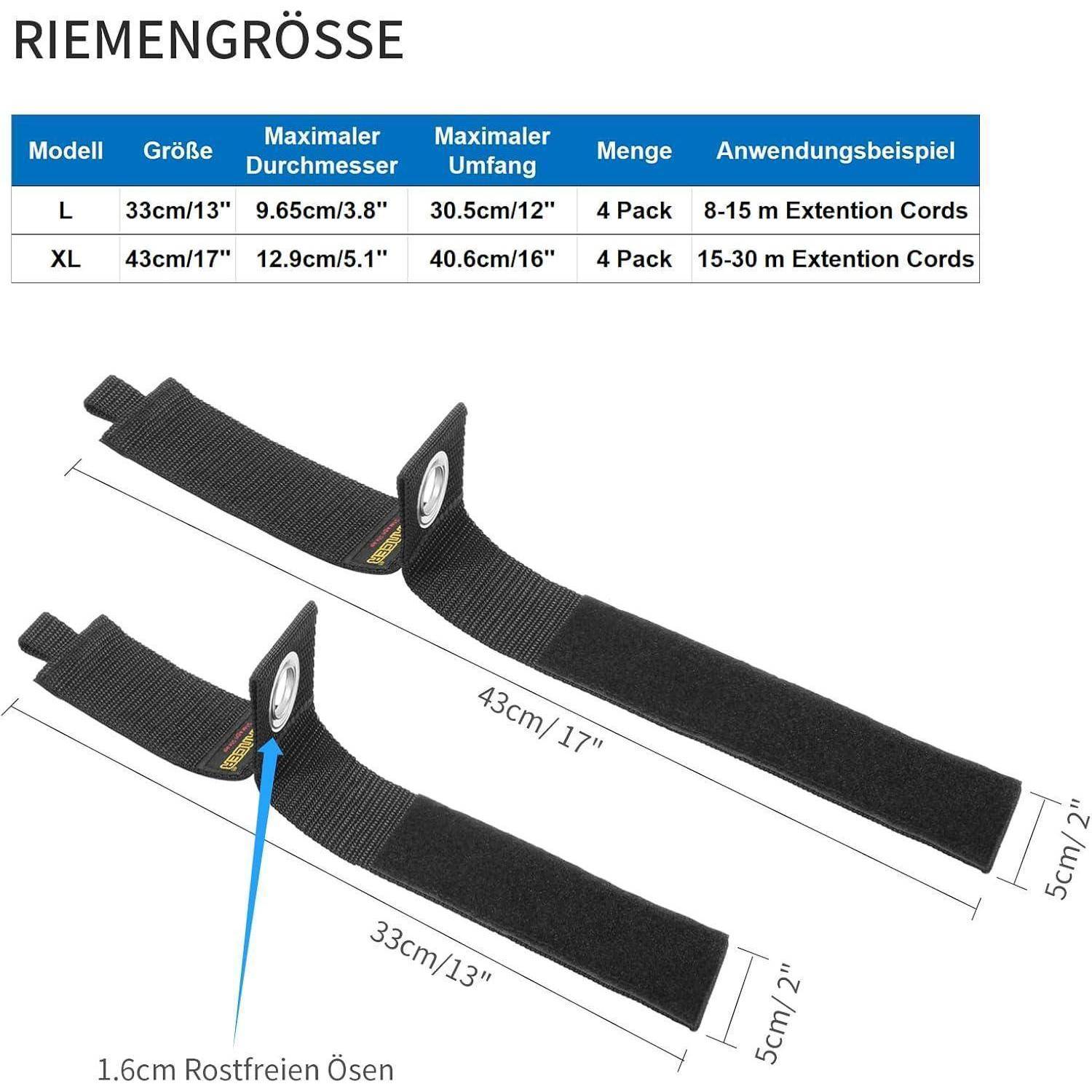 Tabelle der 'Riemengröße' zeigt Modell, Größe, maximalen Durchmesser, Länge, Menge und Beispielverwendung. Enthält zwei Riemenbilder mit Abmessungen.