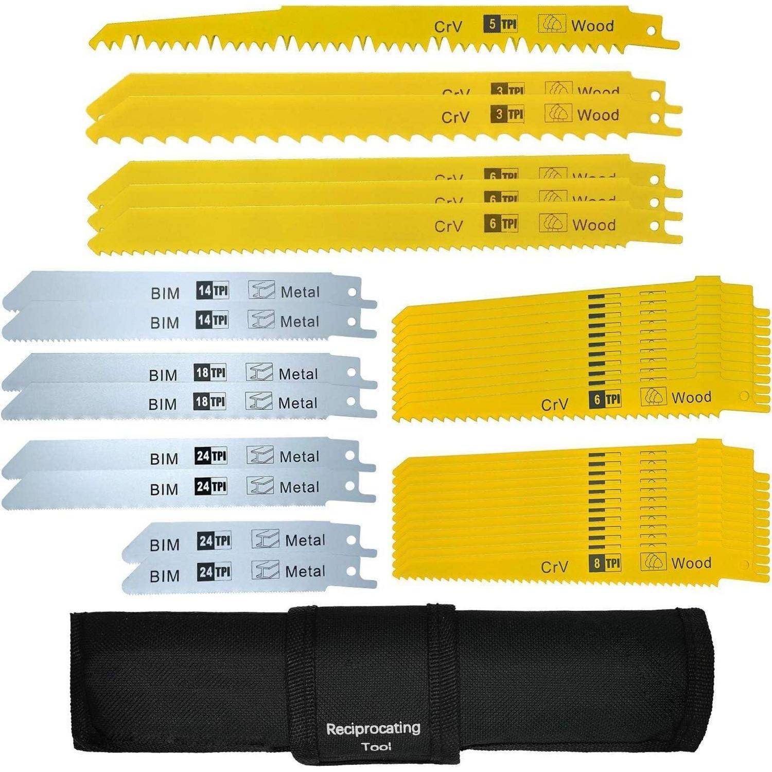 Set von Säbelsägeblättern: 8 für Holz, 6 für Metall. Enthält verschiedene Sägeblatttypen und Details zur Zähnezahl pro Zoll (TPI). Inkl. Aufbewahrungskoffer.