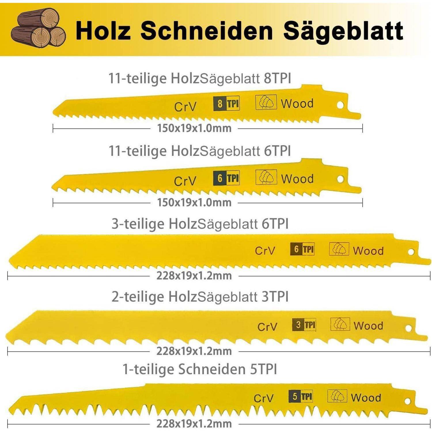 Sägeblatt-Set zum Holzschneiden mit CrV- und TPI-Bewertungen. Umfasst 11-teiliges 8TPI, 11-teiliges 6TPI, 3-teiliges 6TPI, 2-teiliges 3TPI, 1-teiliges 5TPI.