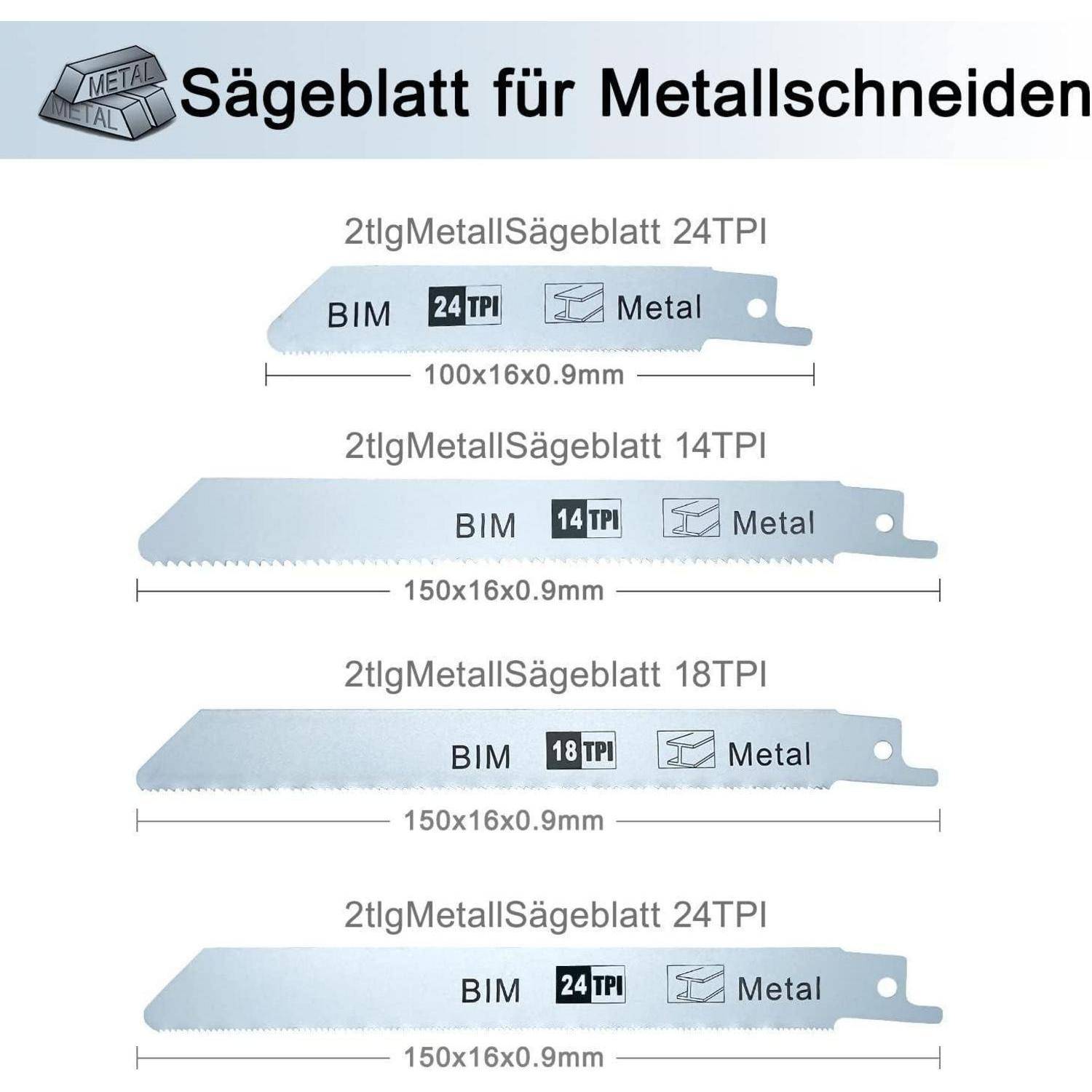 Sägeblätter zum Metallschneiden, verschiedene Typen (24 Zähne pro Zoll, 14 Zähne pro Zoll, 18 Zähne pro Zoll), Größen (100x16x0,9 mm, 150x16x0,9 mm), mit BIM- und Metall-Etiketten.