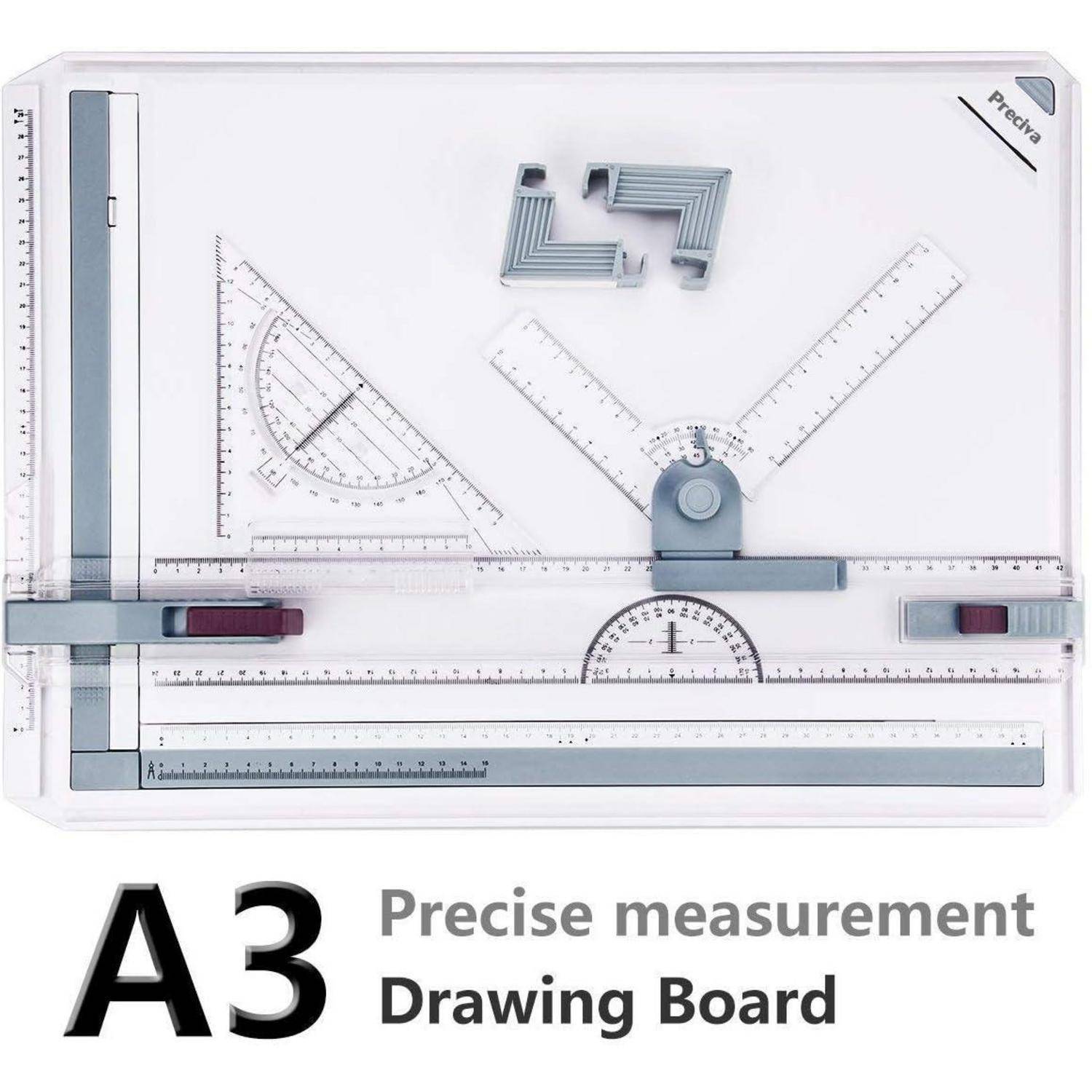 A3-Zeichenbrett mit Linealen und Winkelmessern für präzise Messungen, ausgestattet mit verstellbarer Führung für genaues technisches Zeichnen.