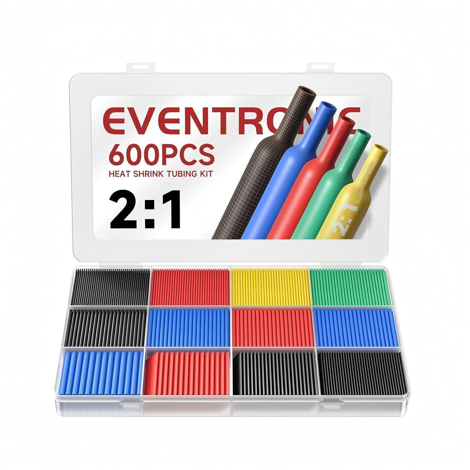 Schrumpfschlauch-Set mit mehreren Farboptionen, beschriftet mit 'EVENTRON', '600 Stück', '2:1'.