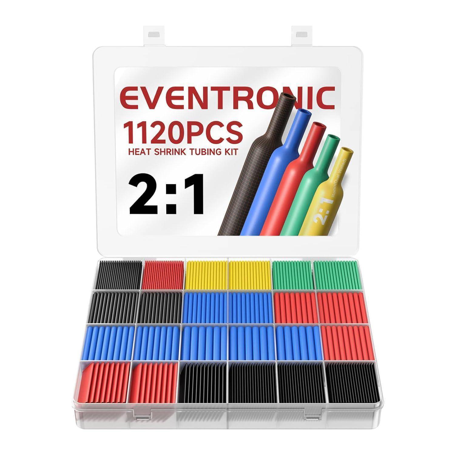 Ein offener Behälter, der ein Schrumpfschlauch-Set der Marke 'EVENTRONIC 1120PCS 2:1' zeigt, mit verschiedenfarbigen Schläuchen, die in Reihen angeordnet sind.