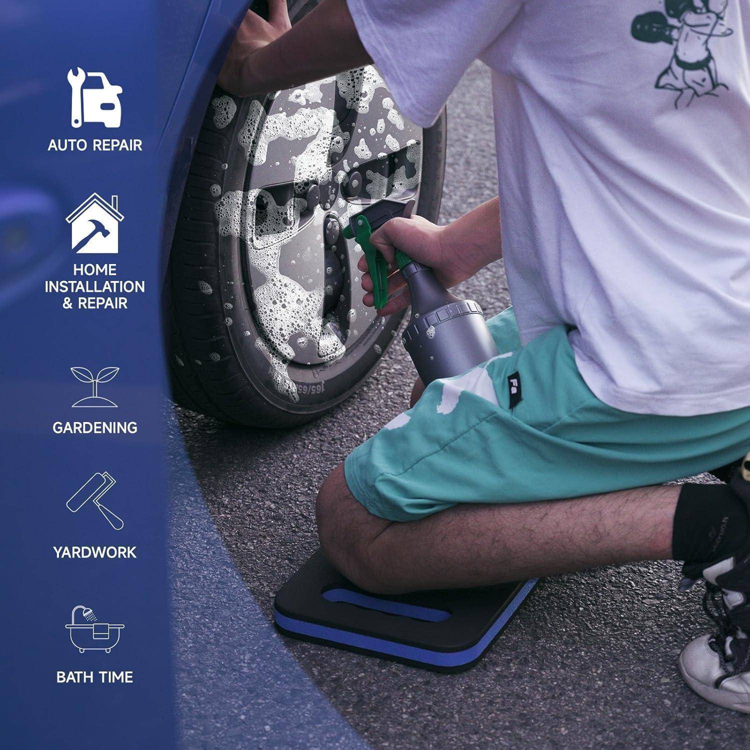 Eine Person reinigt einen Autoreifen mit einem Werkzeug und trägt grüne Shorts, wobei sie auf einem Kissen kniet. Linke Spalte listet Dienstleistungen auf: Autoreparatur, Hausinstallation und -reparatur, Gartenarbeit, Hofarbeit, Badezeit.