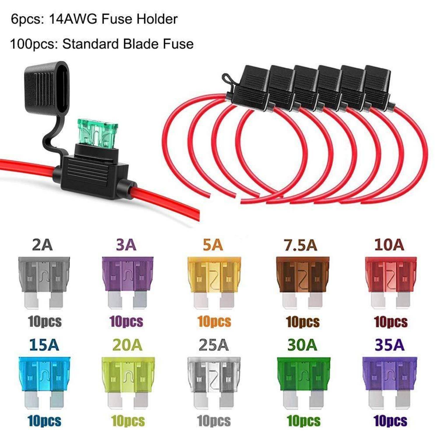 6-teiliger 14AWG Sicherungshalter mit Standard-Flachsicherungen in verschiedenen Amperezahlen: 3A, 5A, 7,5A, 10A, 15A, 20A, 25A, 30A, 35A.