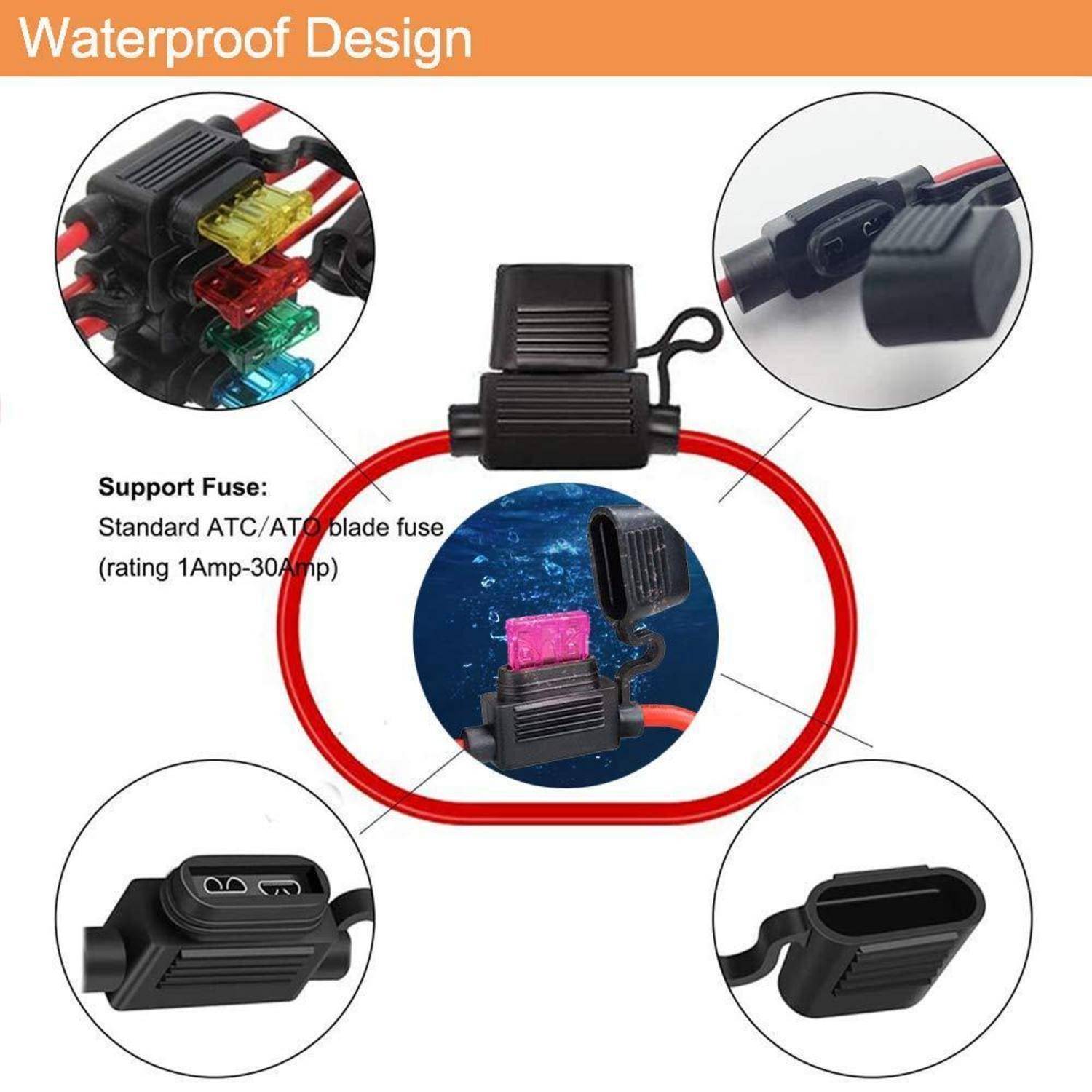 Wasserdichter Sicherungshalter mit rotem Kabel und sortiertem Sicherungssatz. Unterstützt Standard-ATC/ATO-Flachsicherungen mit 1 Ampere bis 30 Ampere.