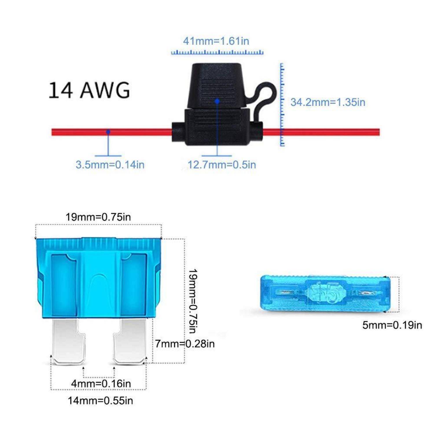 Diagramme, die die Abmessungen eines 14-AWG-Sicherungshalters mit Maßangaben zeigen: 41 mm Länge, 12,7 mm Breite; und Sicherung mit 19 mm Höhe.