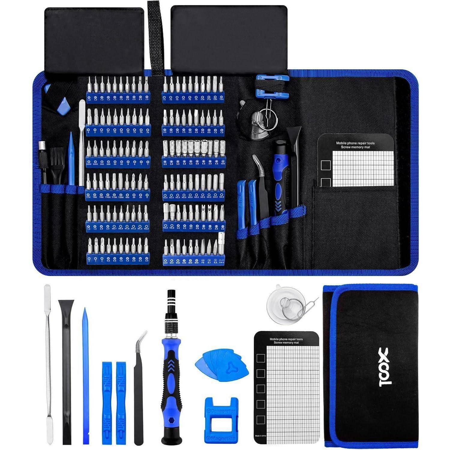 Elektronik-Reparaturset mit verschiedenen Werkzeugen, einschließlich Schraubenziehern, Pinzetten und Hebelwerkzeugen, in einem blau-schwarzen Koffer organisiert.