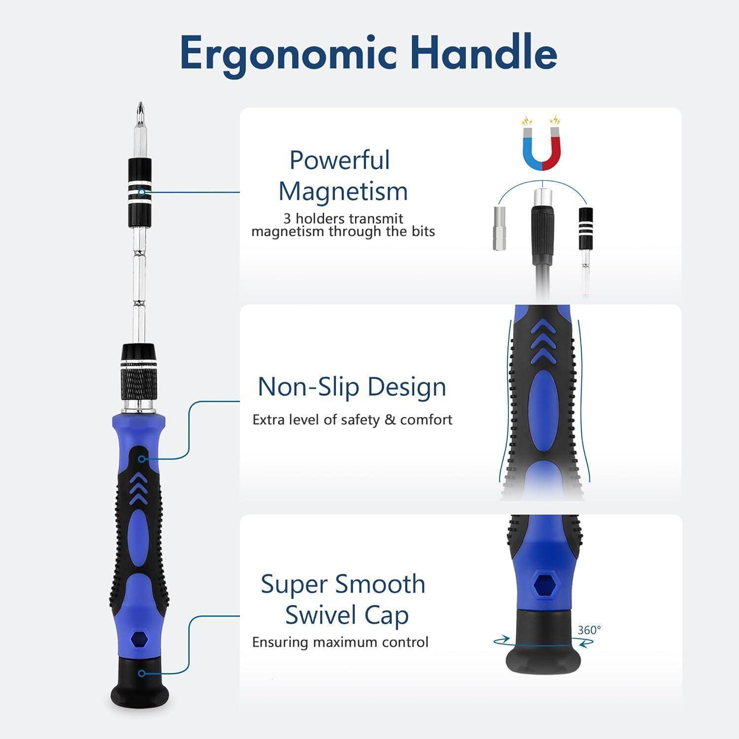 Schraubendreher mit ergonomischem Griff verfügt über starke Magnetisierung, rutschfeste Konstruktion für Sicherheit und einen extrem glatten Schwenkdeckel für Kontrolle.