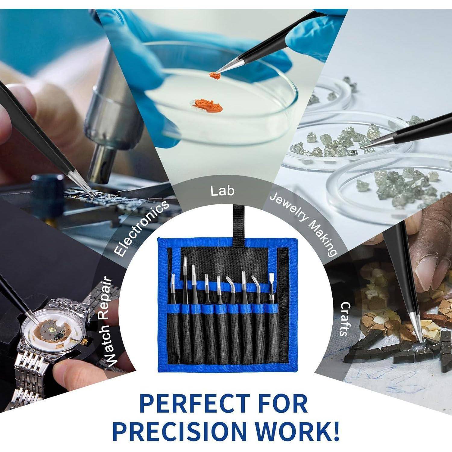Eine Collage, die Präzisionswerkzeuge zeigt, die in der Elektronik, Laborarbeit, Schmuckherstellung, Uhrenreparatur und beim Handwerk verwendet werden, mit dem Text 'Perfekt für Präzisionsarbeiten!