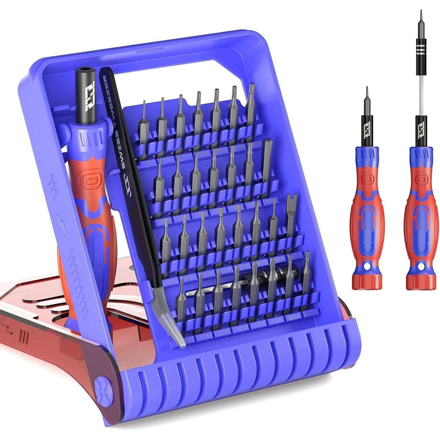 Präzisionsschraubendreher-Set mit blauen und roten Griffen, verschiedene Bits in einem Halter organisiert und einem Deckel für einfachen Zugang und Aufbewahrung.